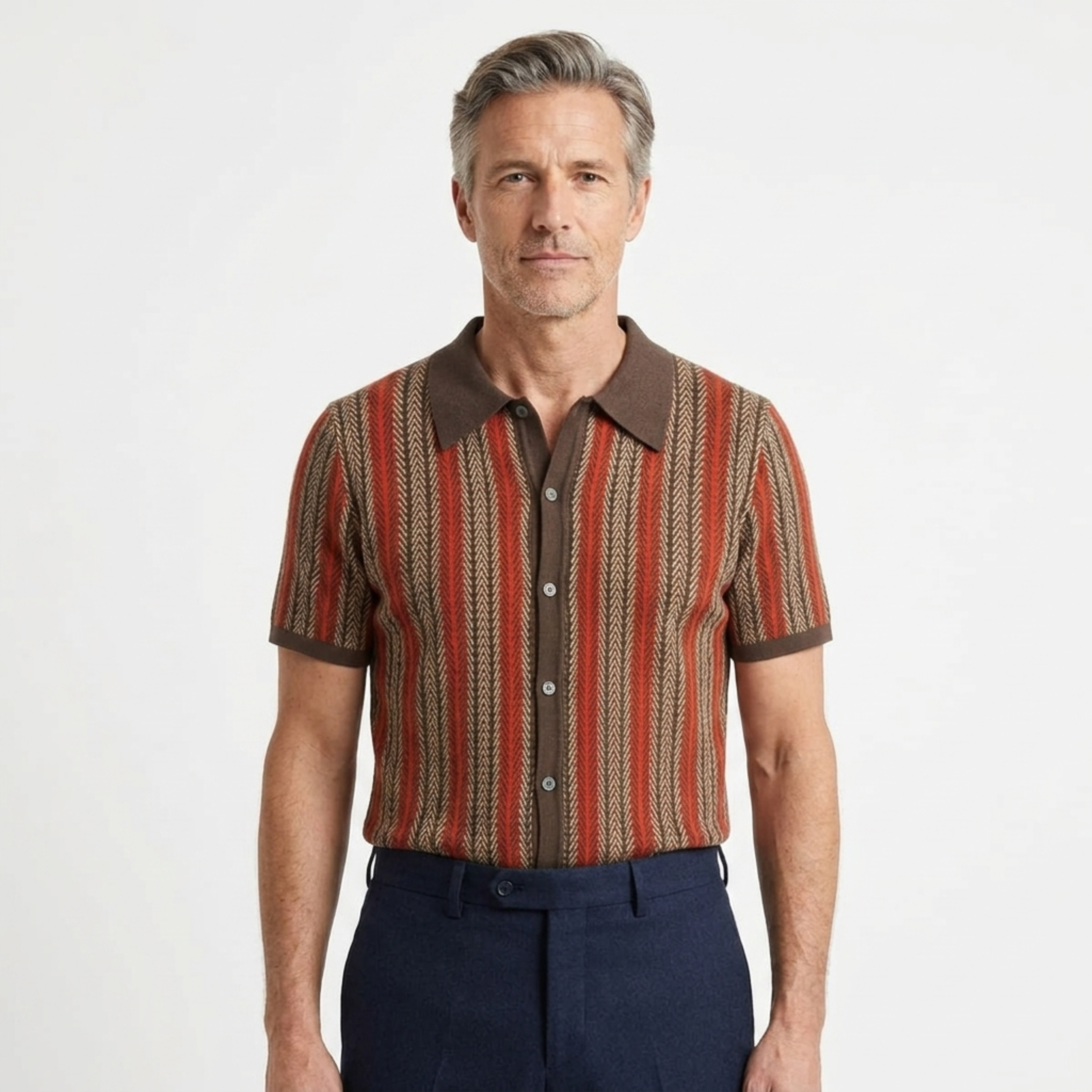 Men's knit polo — vertical stripes — casual resort style