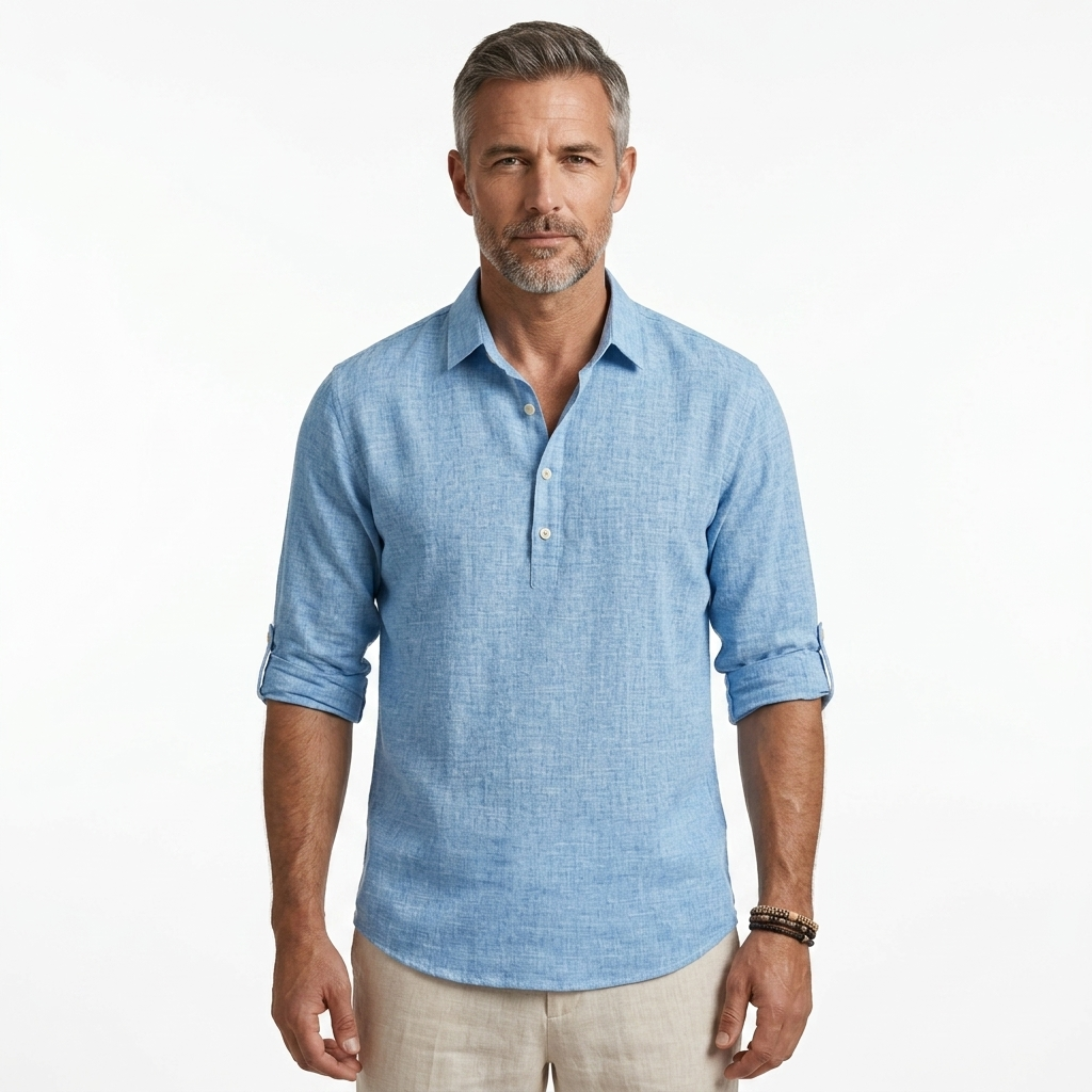 Men's short-sleeve polo — breathable linen blend — vacation