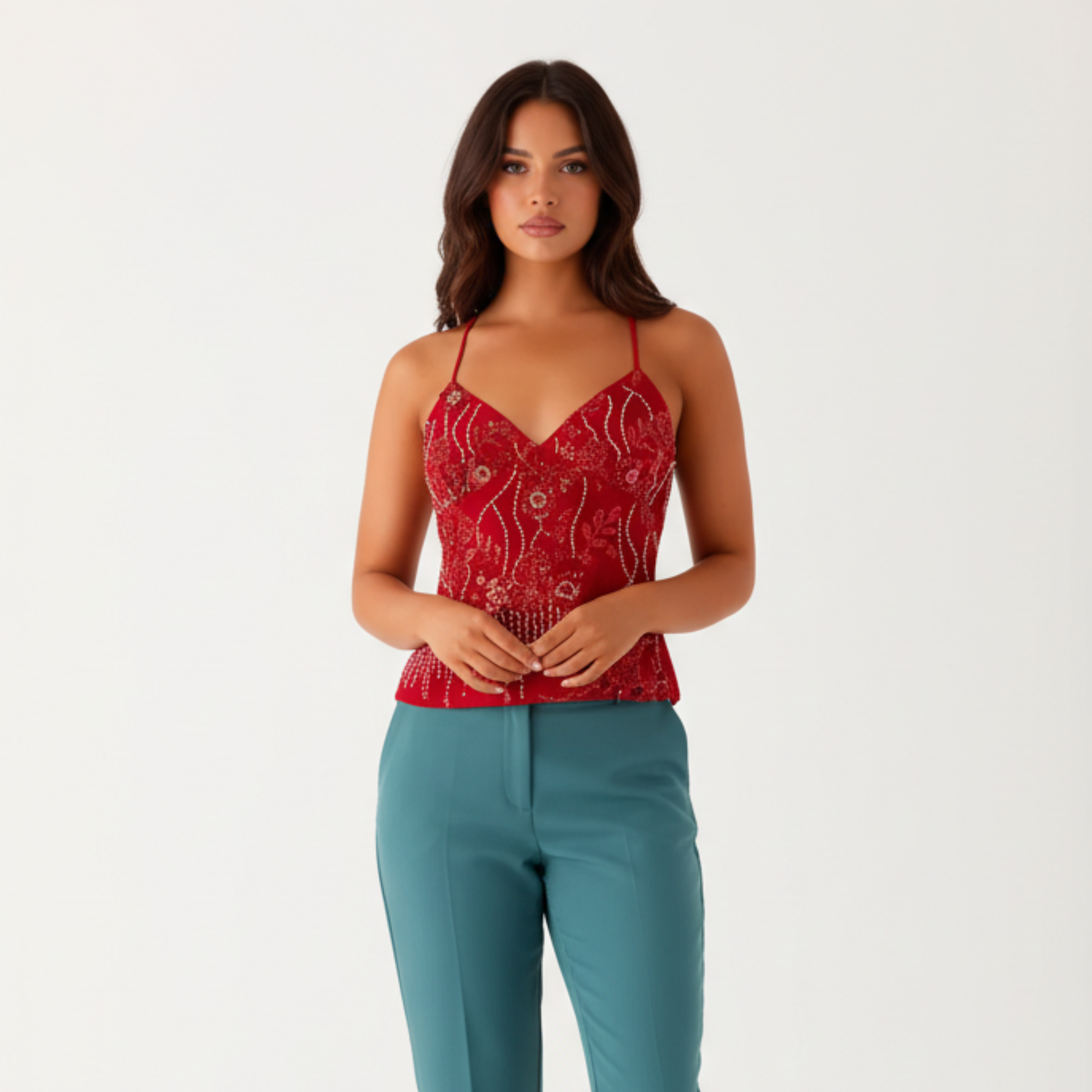 Top corto con paillettes da donna, stile halter, con decorazioni in strass e scollo a V