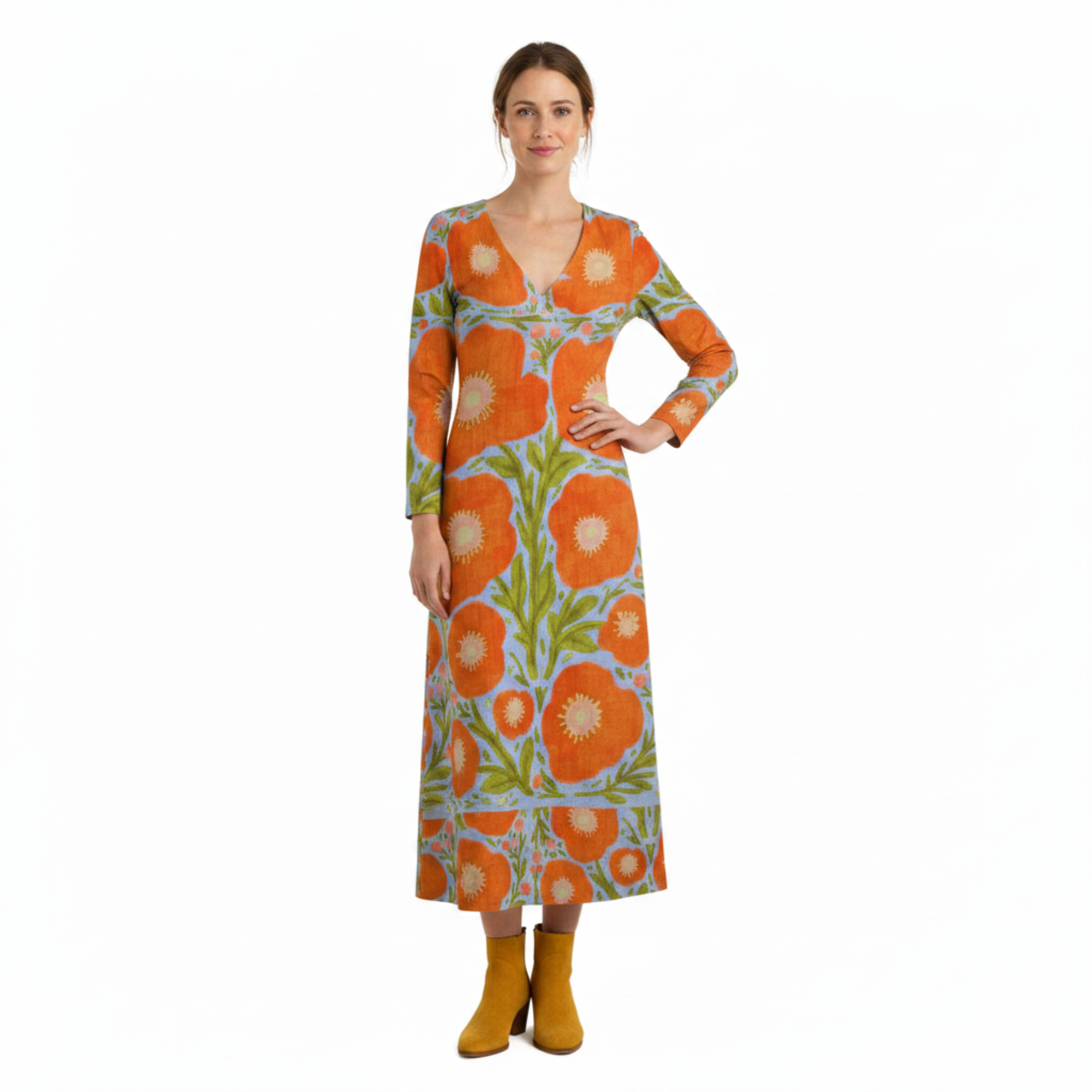 Vestido largo de lino para mujer con estampado floral vintage y bolsillos