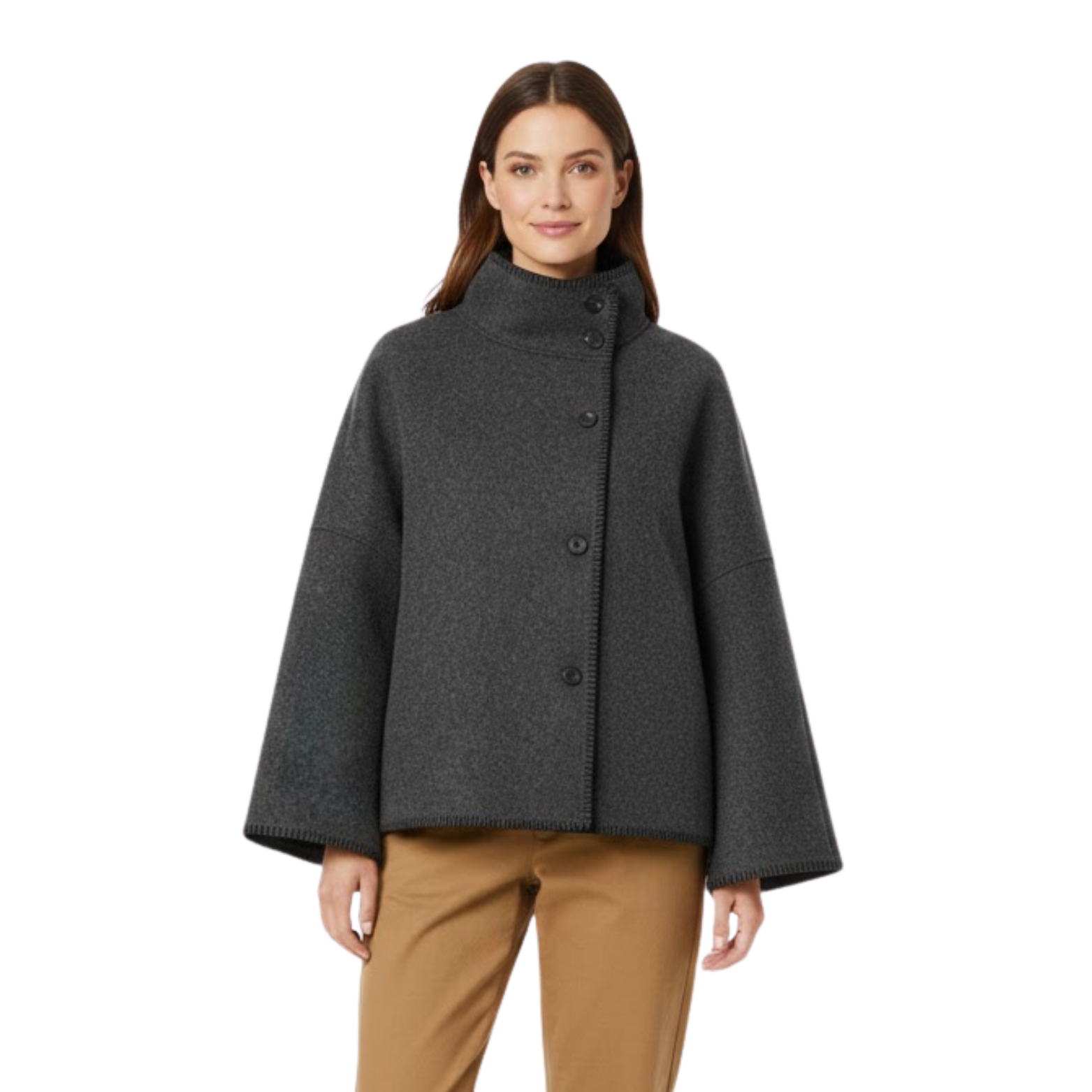 Women's Vintage Wool Jacket Wide Shoulders Stand-Up Collar Long Sleeves Autumn Elegant