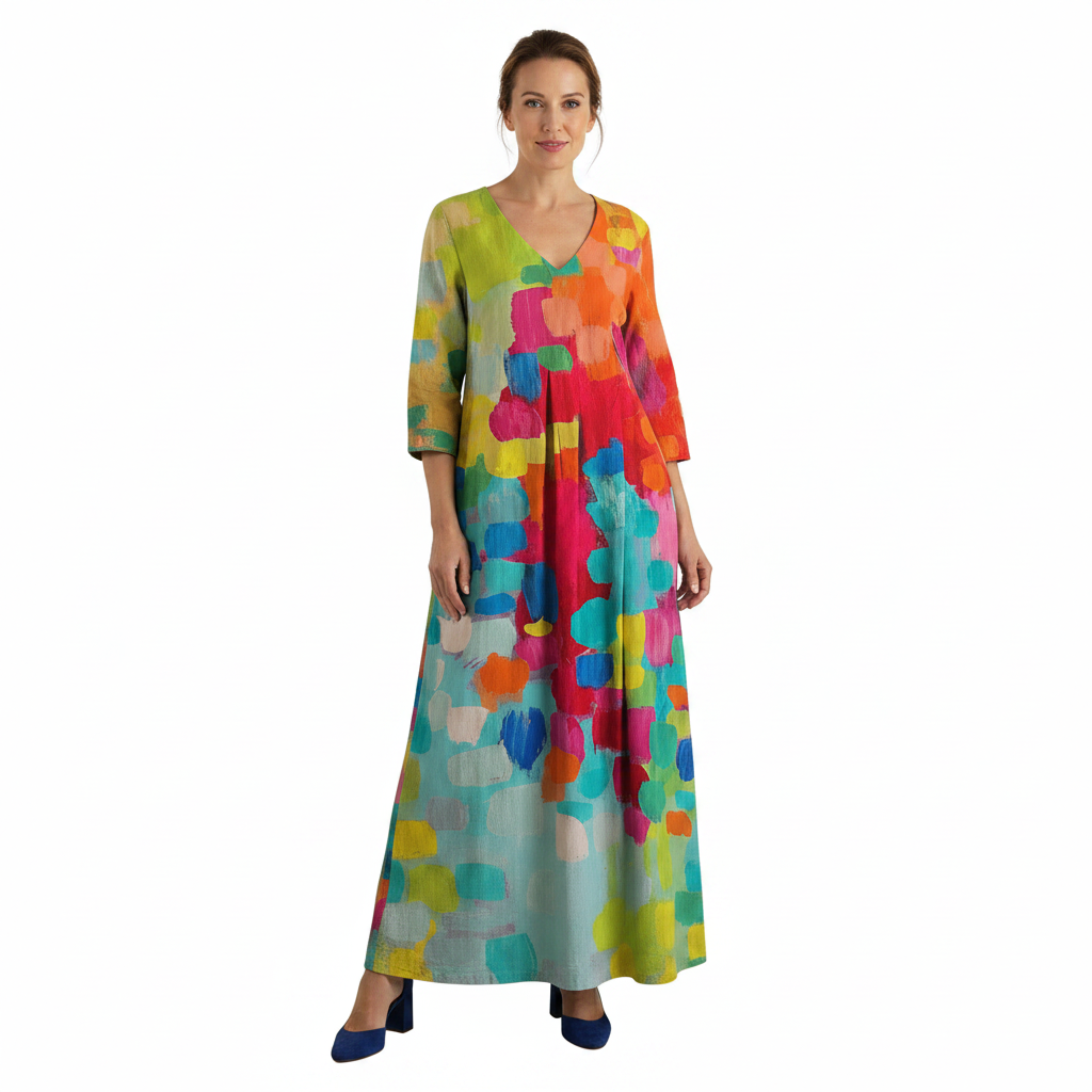 Abito lungo da donna con scollo a V e stampa artistica astratta multicolore