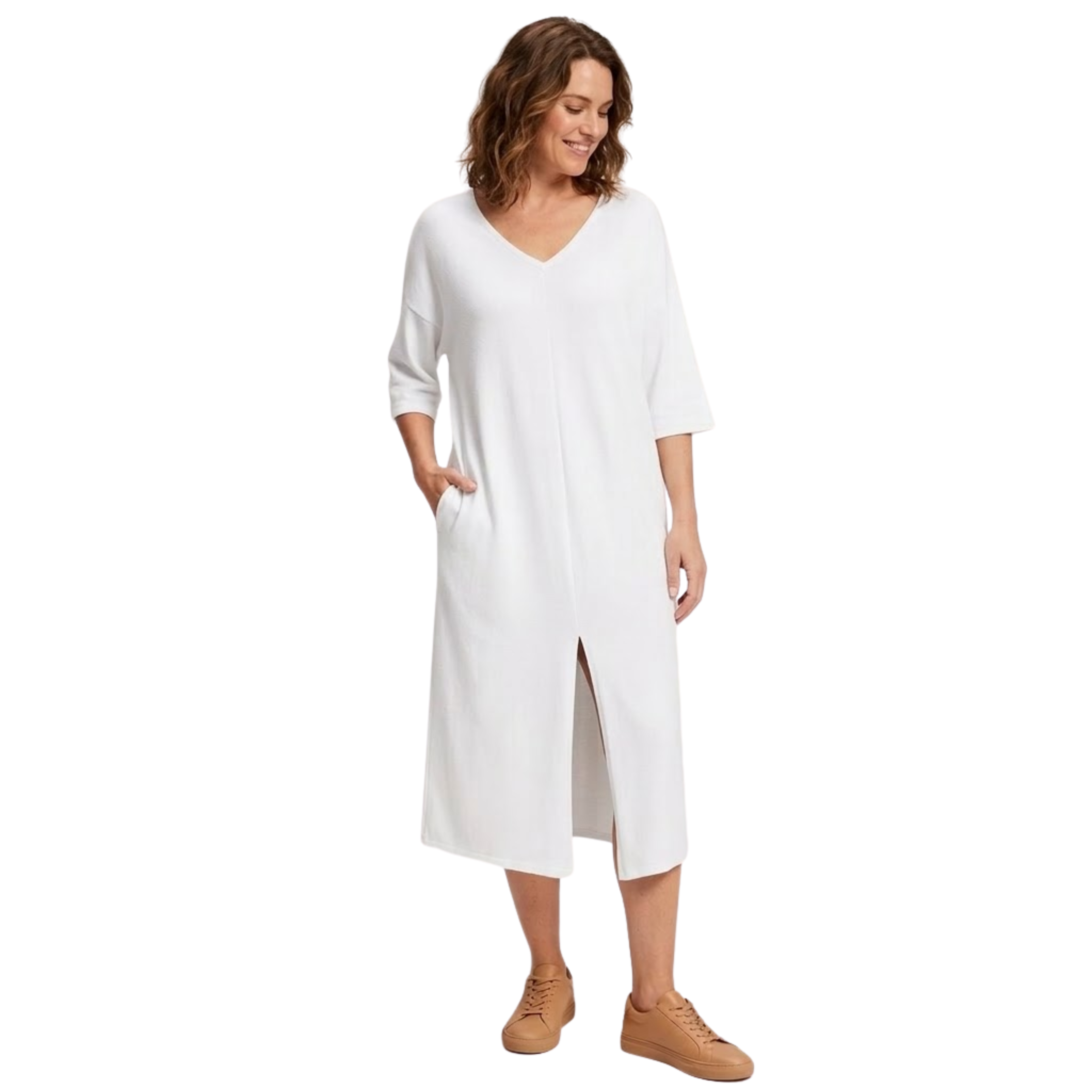 Hosszú éjjeli ruha V-nyakkal és félhosszú ujjakkal nőknek