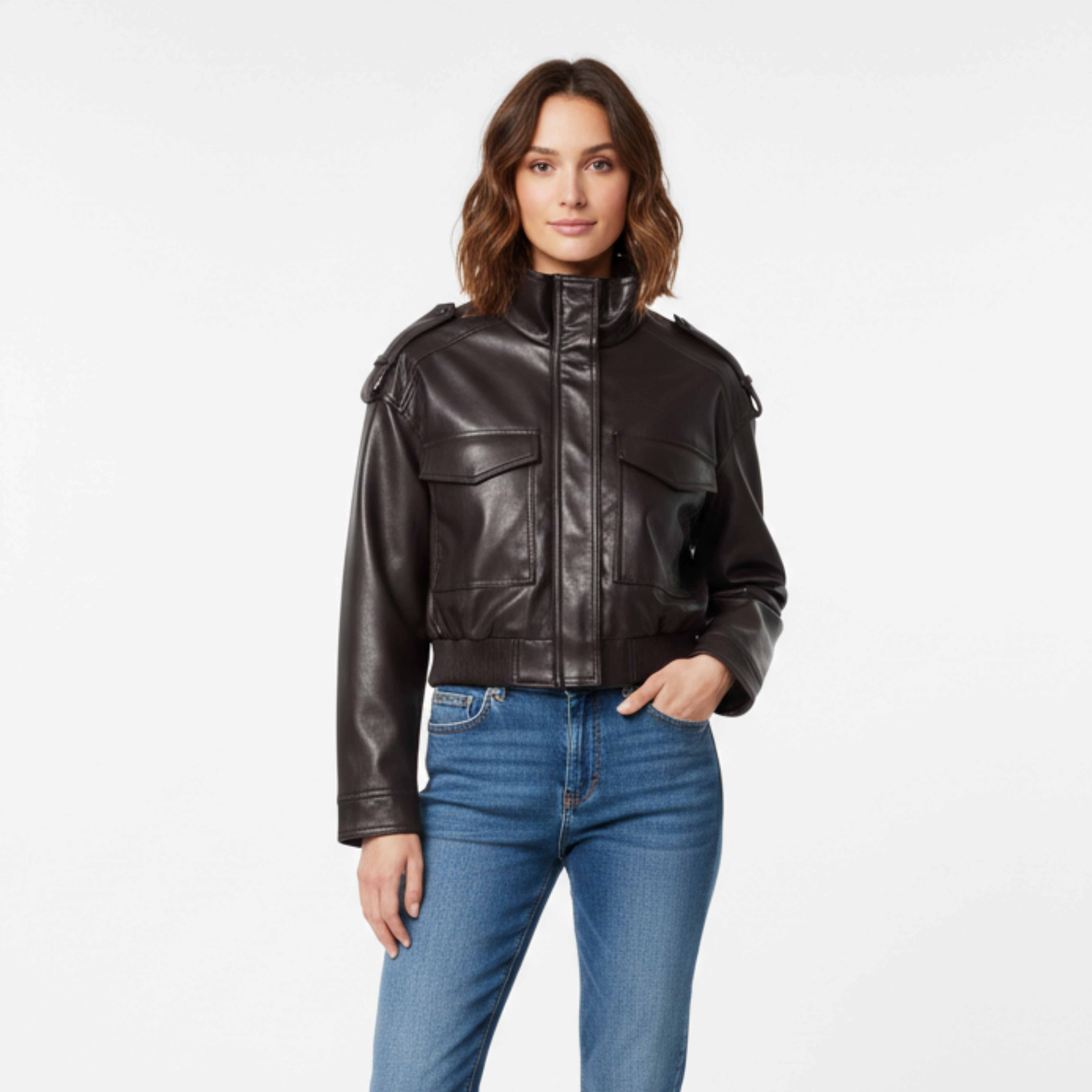 Blouson Court en Similicuir avec Fermeture Éclair et Manches Longues pour Femme