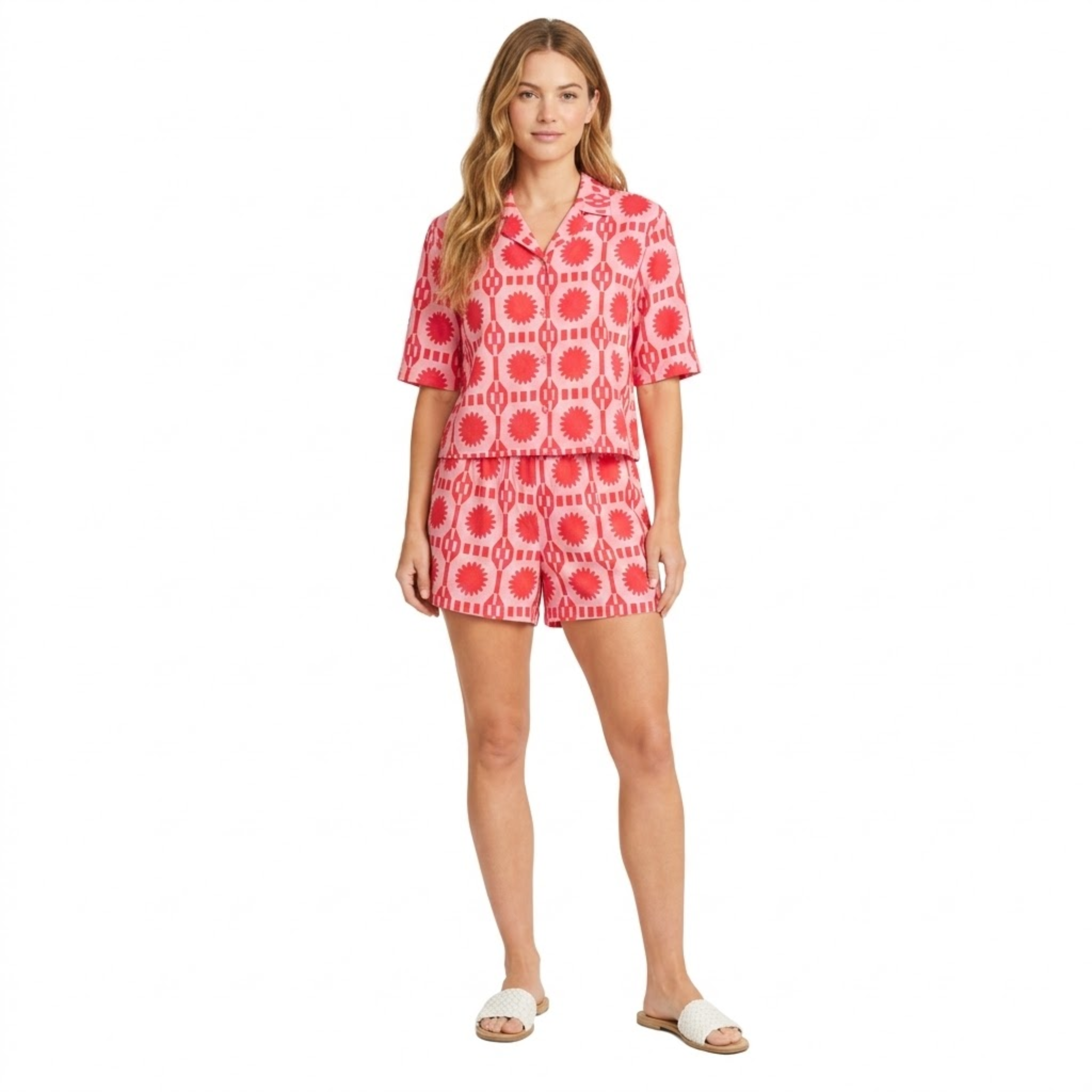 Női Két Részes Szett Rövid Ujjú Inggel és Mintás Rövidnadrággal