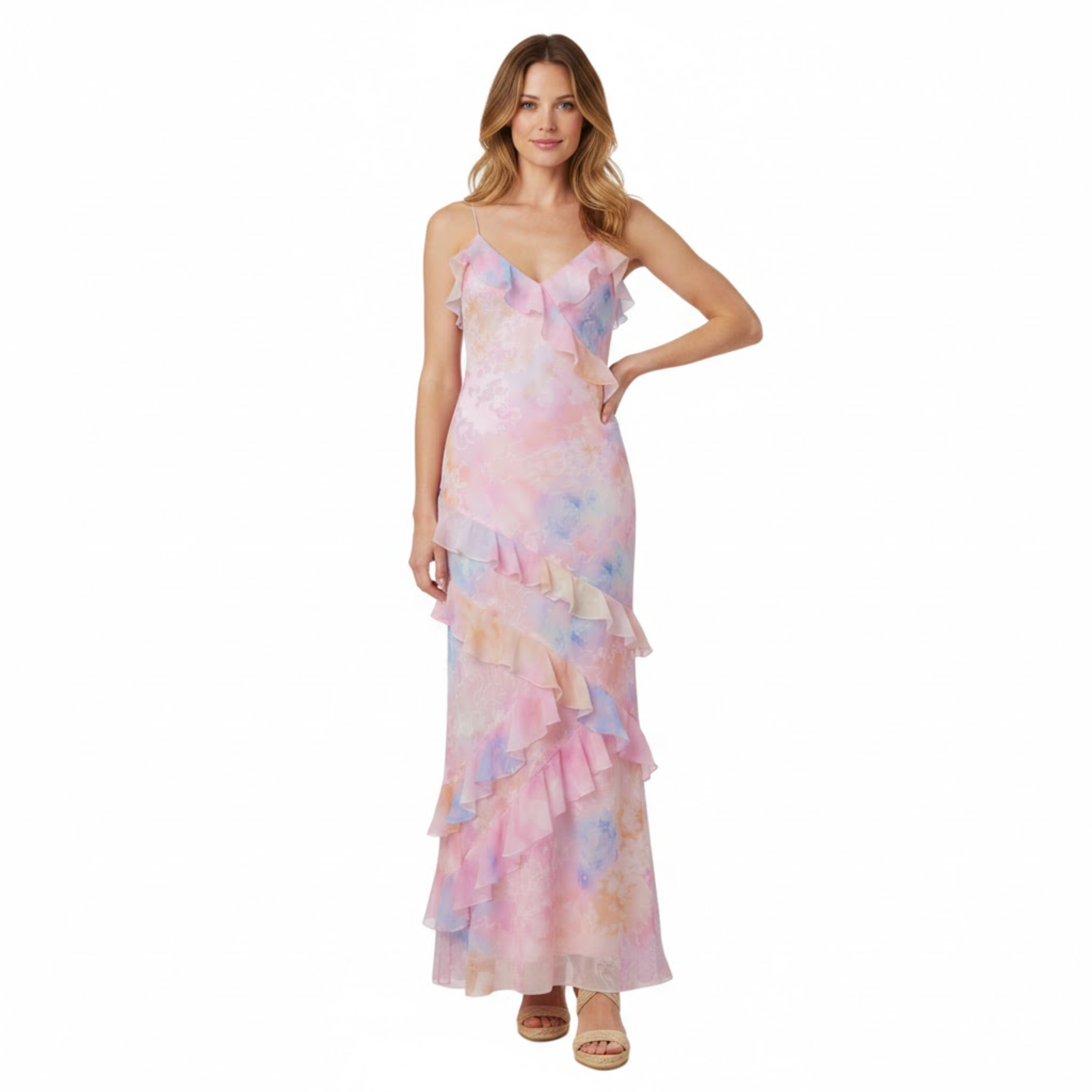 Virágos hosszú fodros ruha V-nyakú és vékony pántos