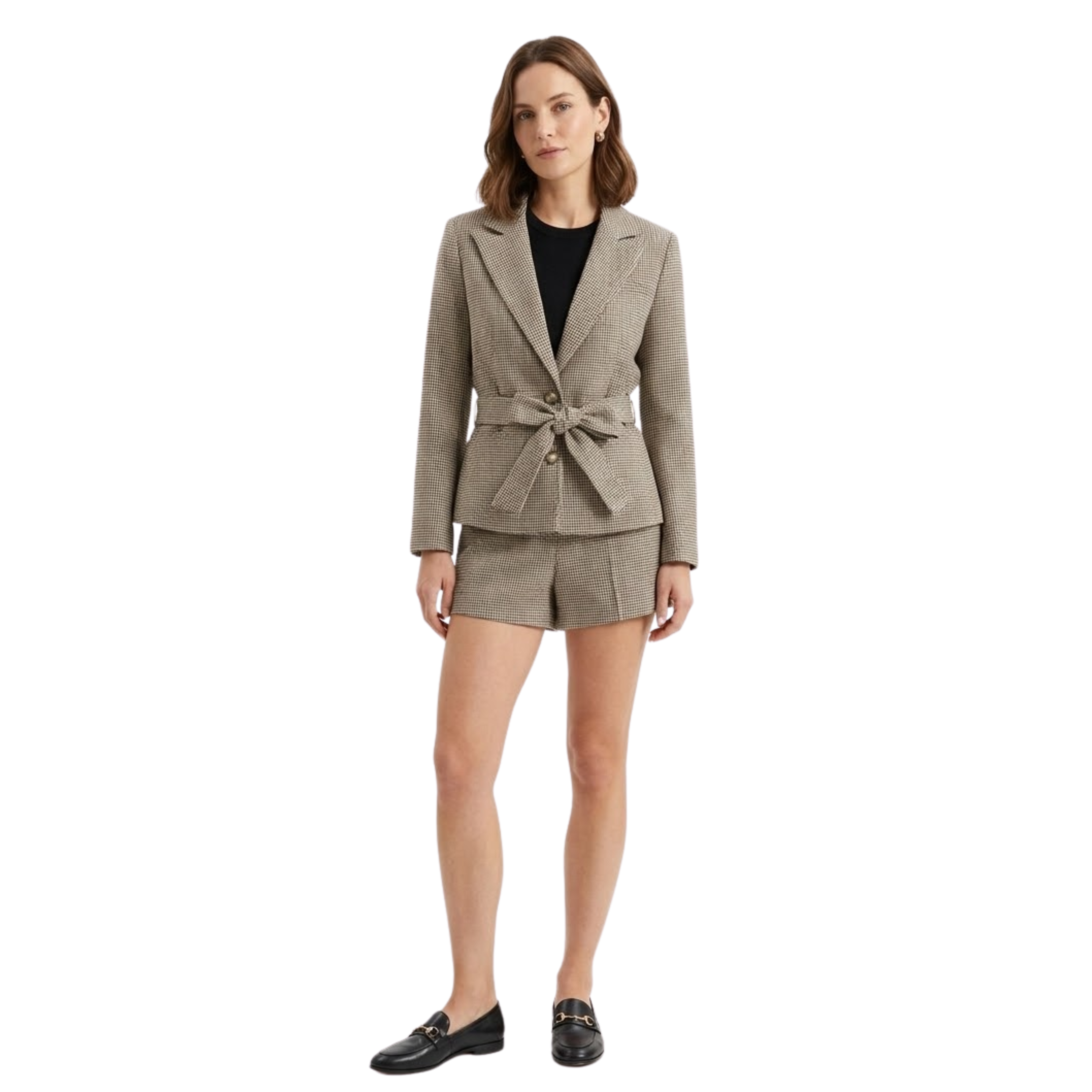 Női Kockás Kétrészes Szett Öltönykabáttal és Öves Derékrészű Rövidnadrággal