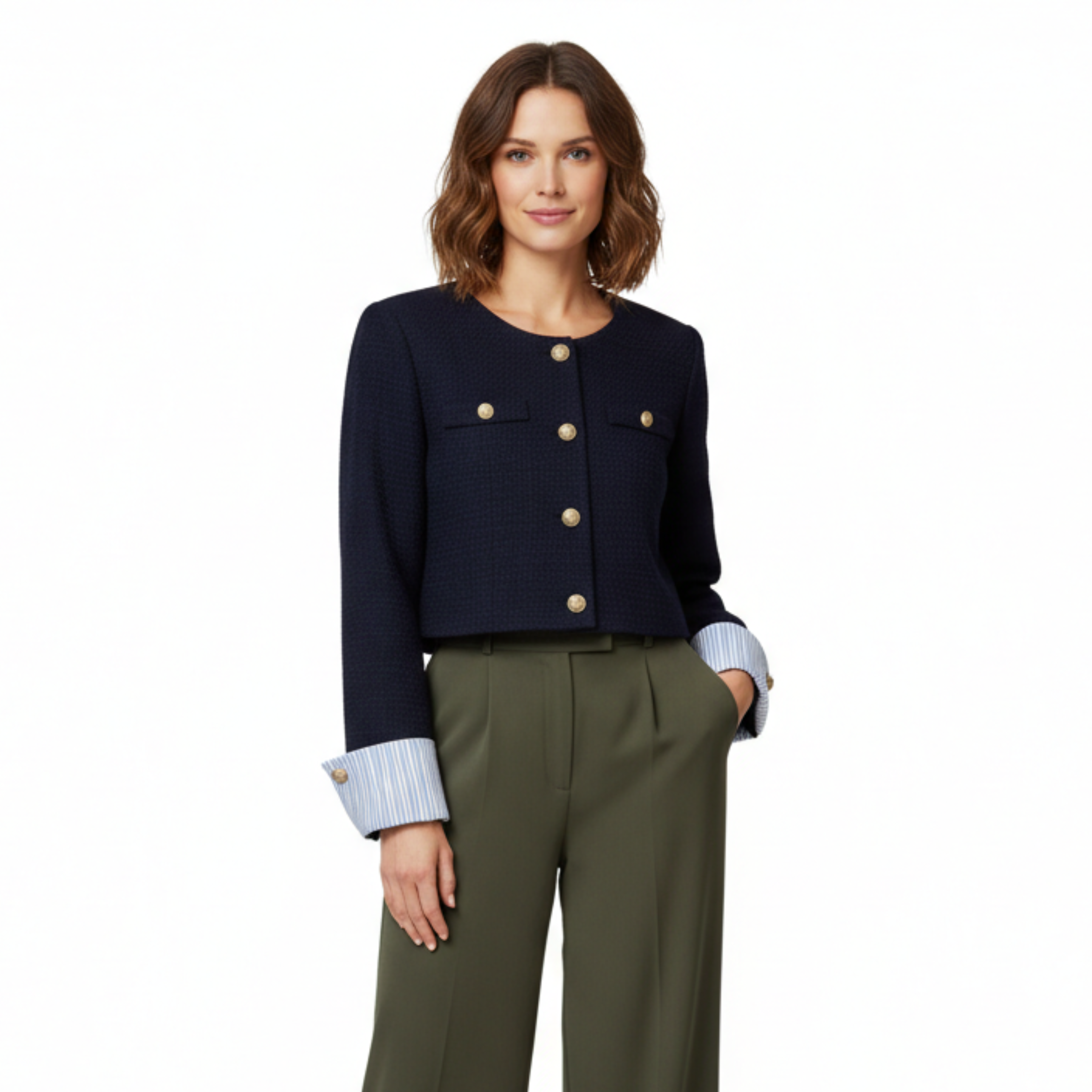 Veste Courte en Coton avec Détails Contrastés aux Poignets pour Femme