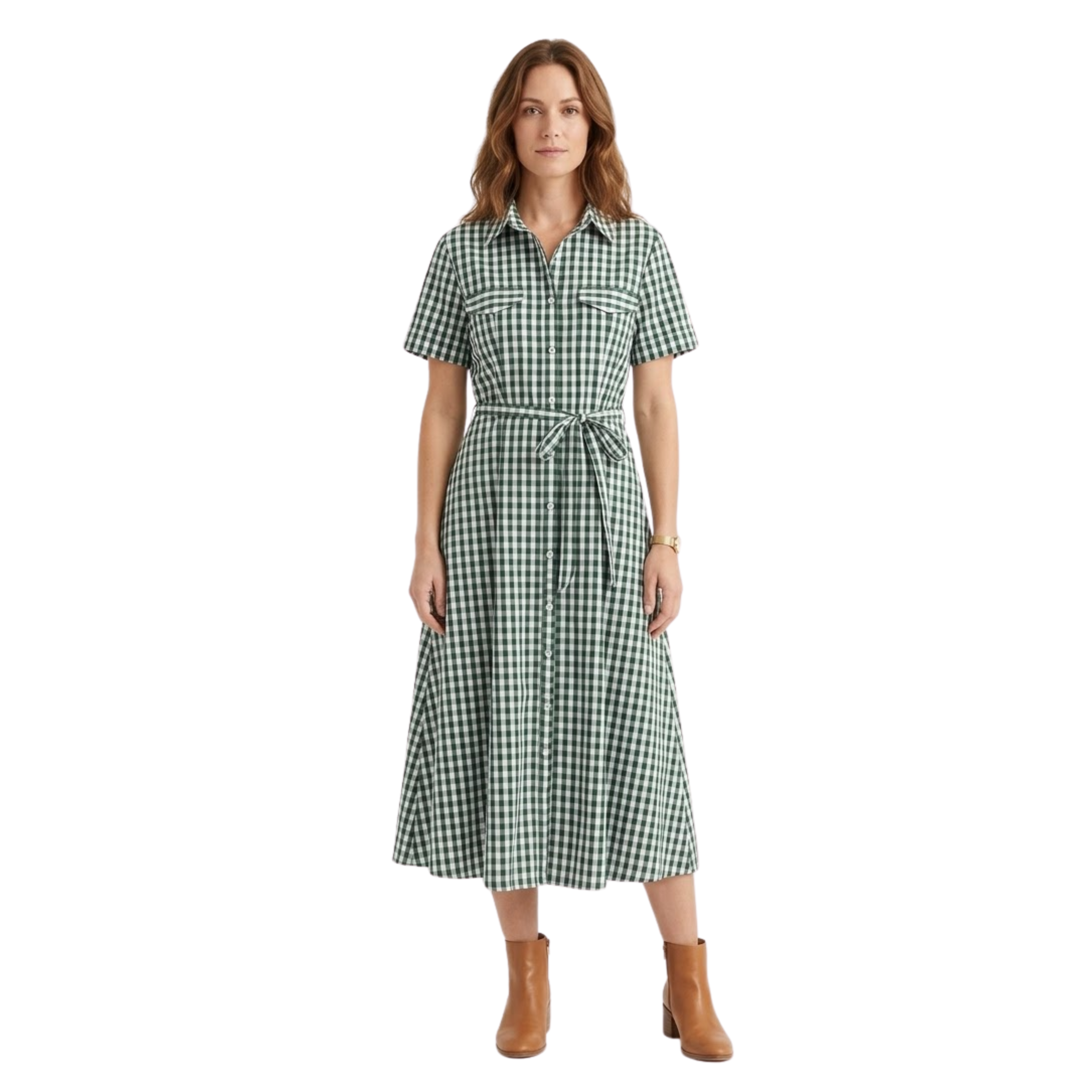 Női hosszú kockás ingruha klasszikus gallérral és rövid ujjakkal