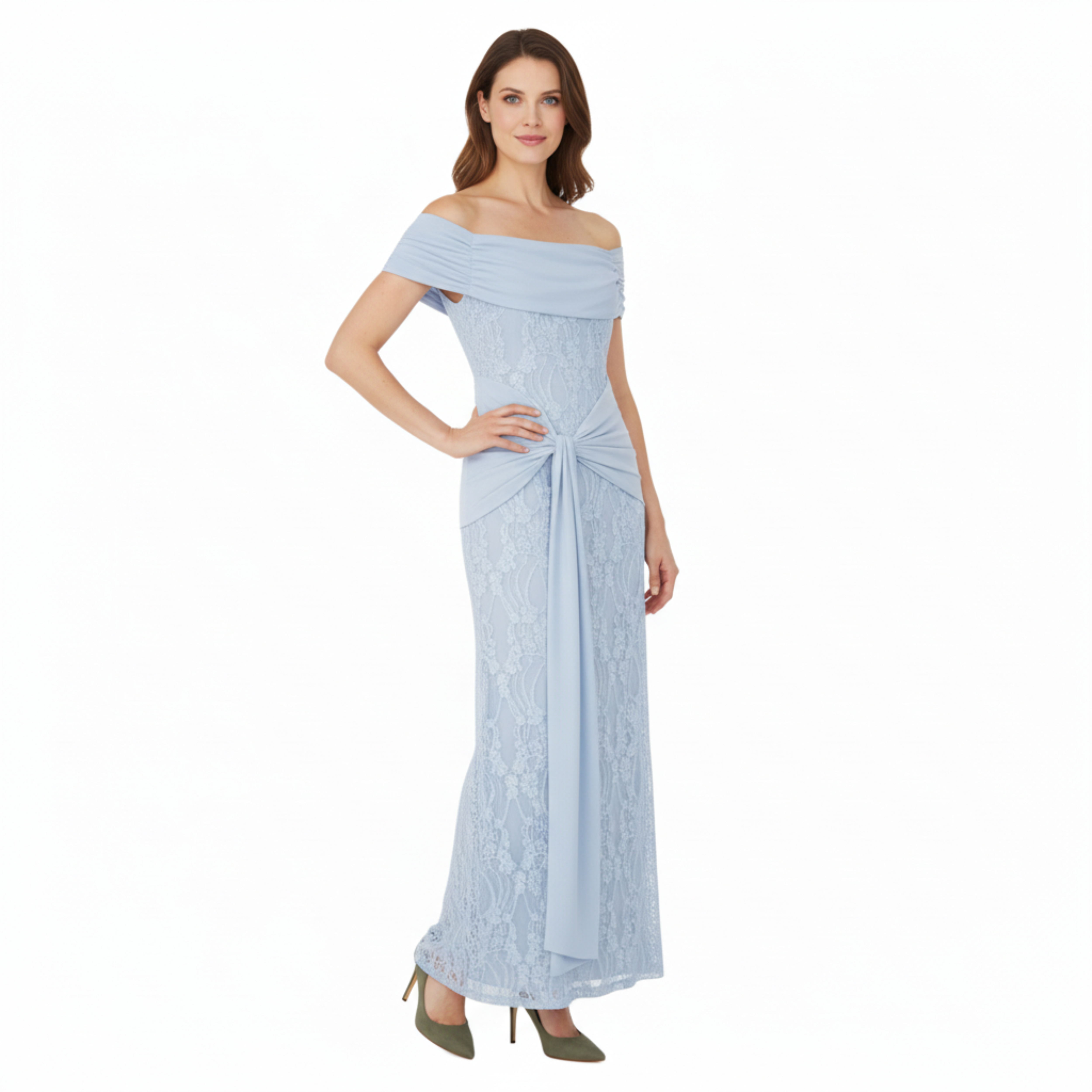 Dlouhé večerní krajkové šaty s odhalenými rameny a mašlí v pase