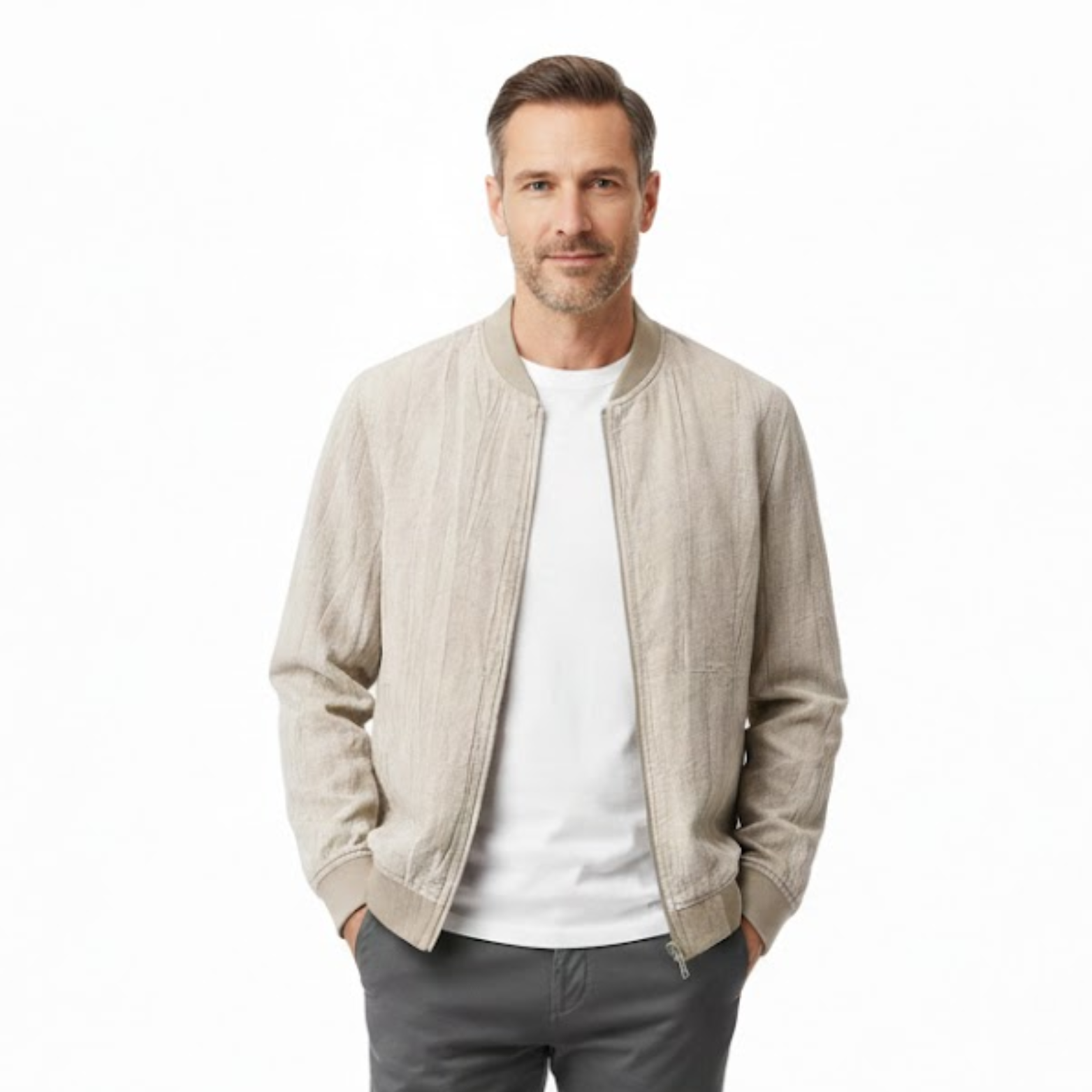 Férfi pamut- és ramiszövetből készült bomber dzseki baseball gallérral és cipzárral