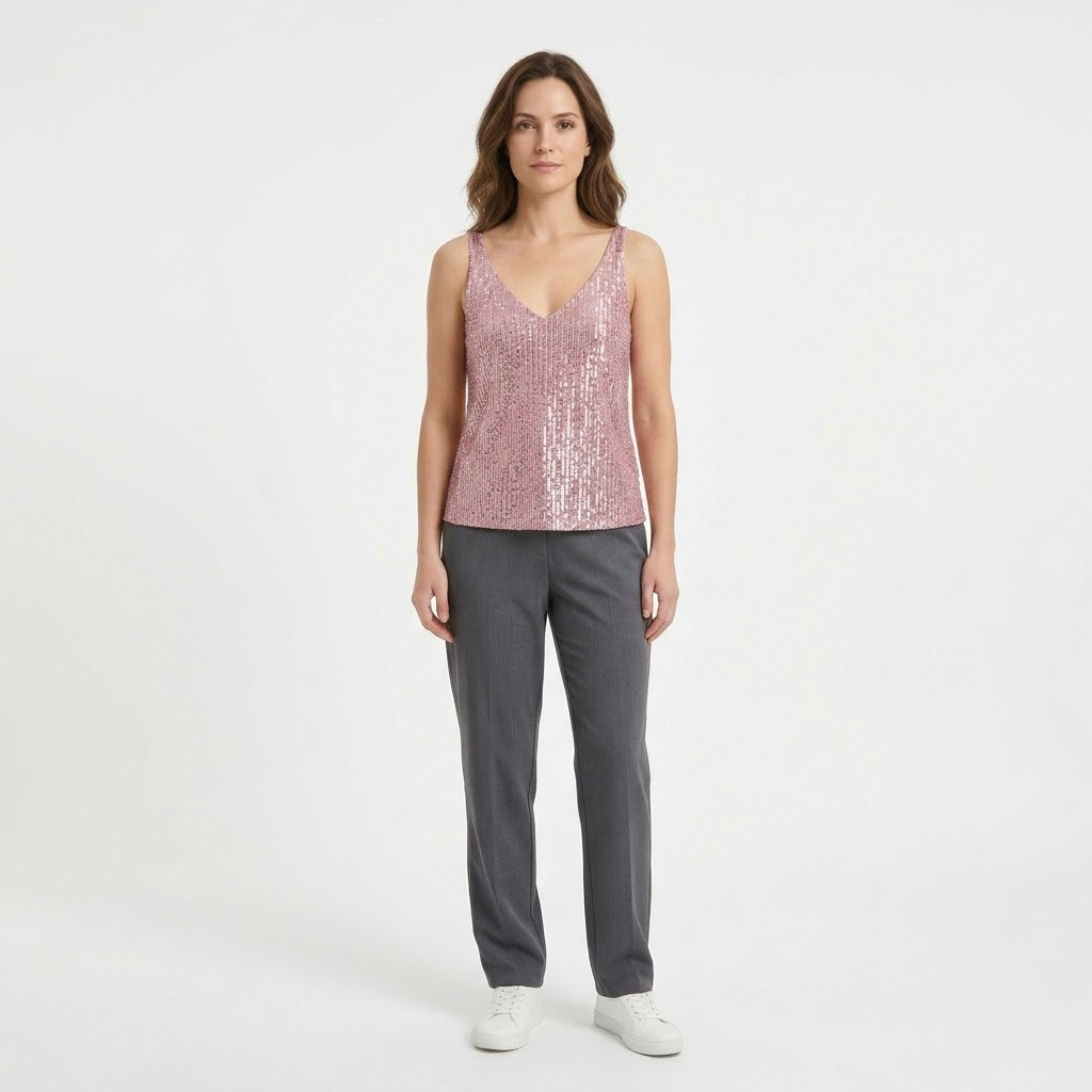 Top con Paillettes, Scollo a V e Senza Maniche da Donna