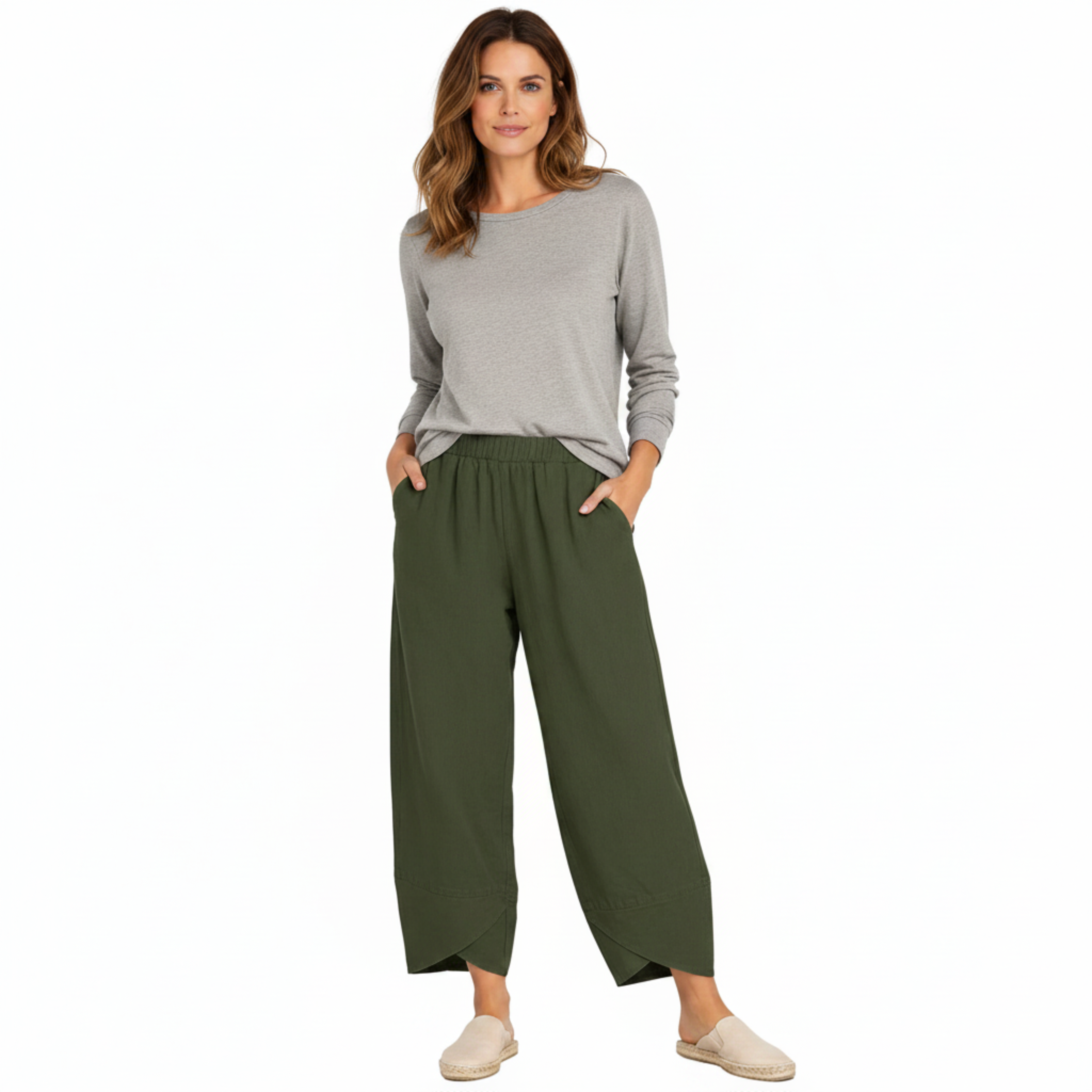 Capri-Hose mit weitem Bein, elastischem Bund und schrägem Saum für Damen