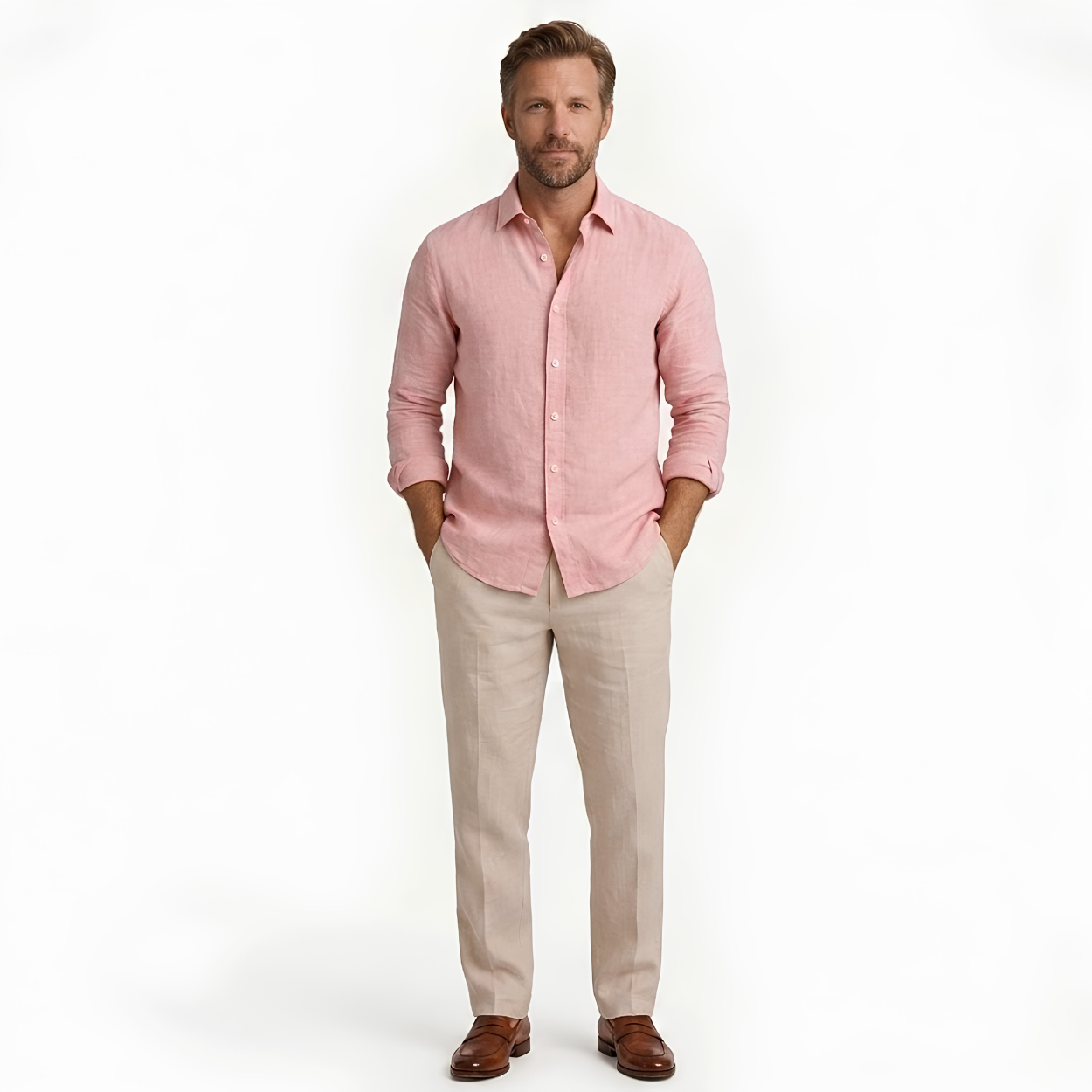 Men's Long-Sleeve Linen Shirt with Classic Collar and Relaxed Fit