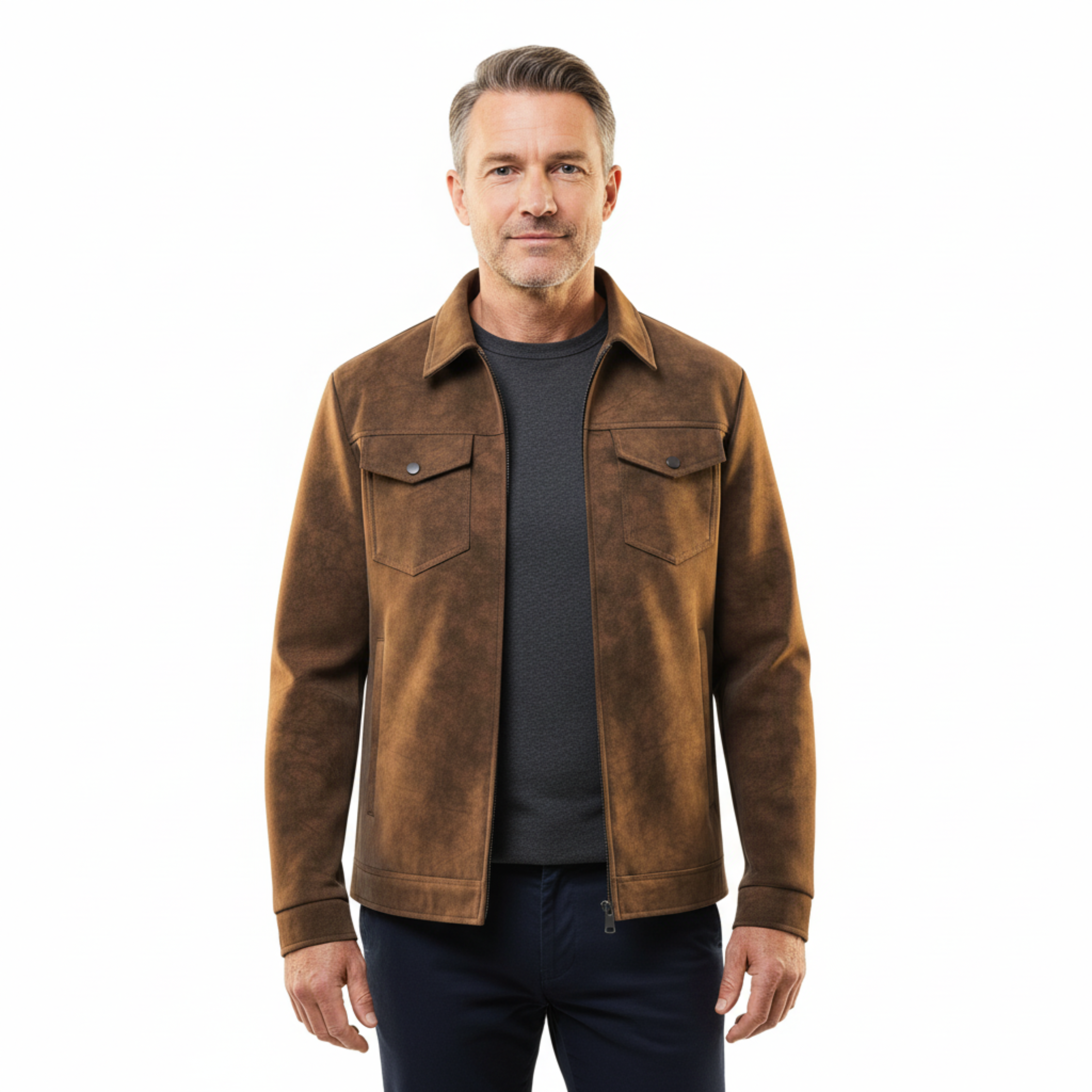 Pánská retro kožená bunda se zipem a několika kapsami