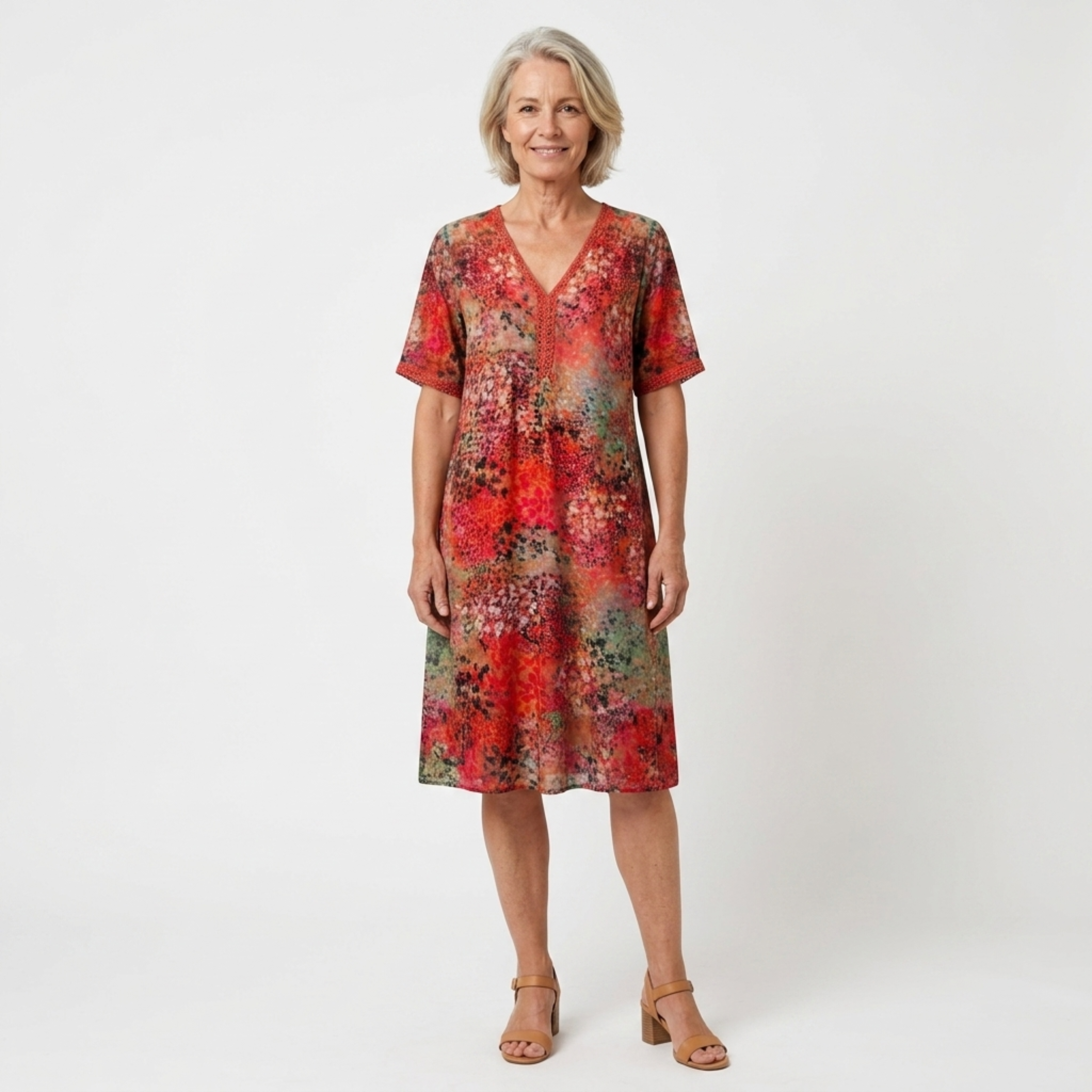 Women's mid-length flared dress — printed pattern and V-neck — casual