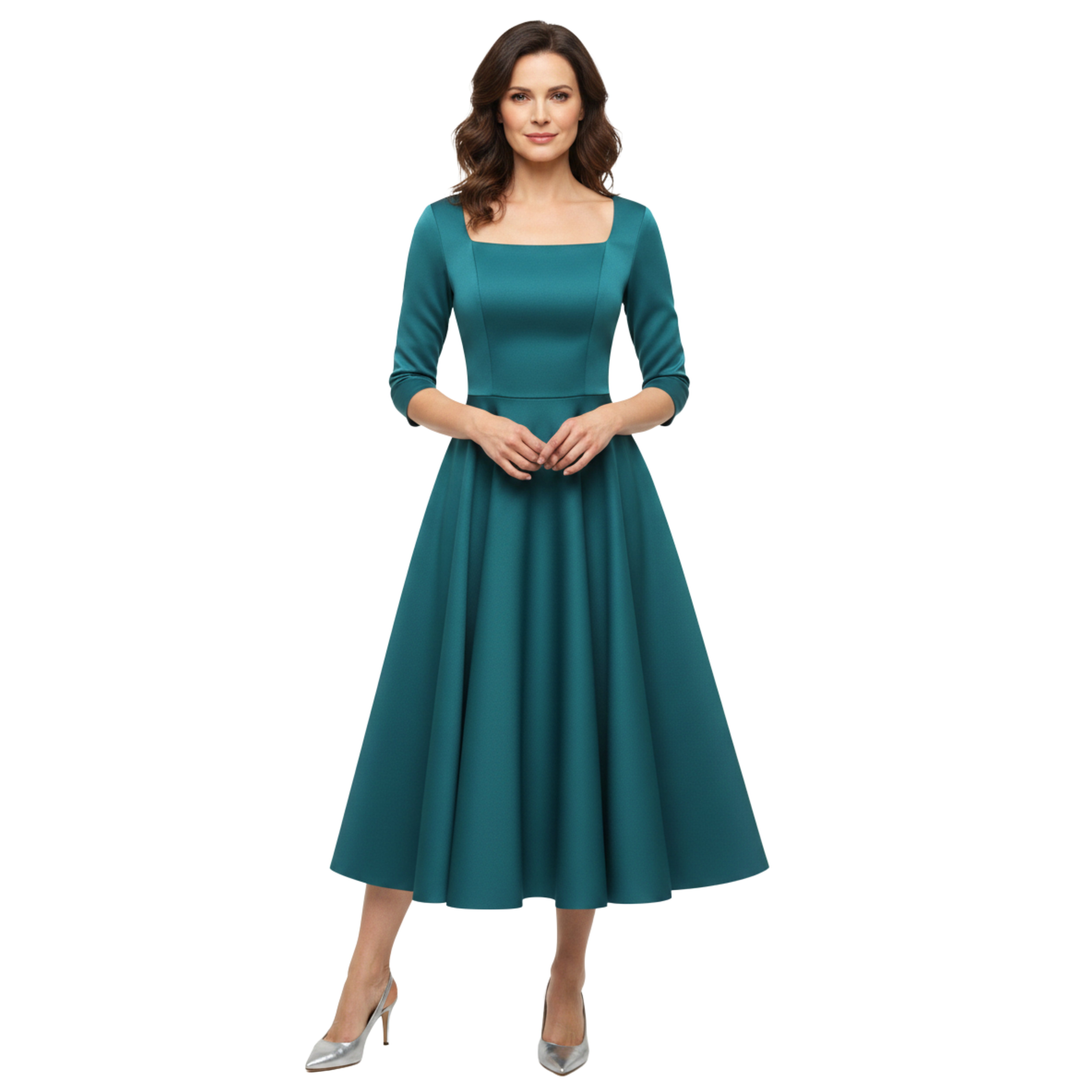 Midi ausgestelltes Abendkleid mit 3/4-Ärmeln für Hochzeitsgäste