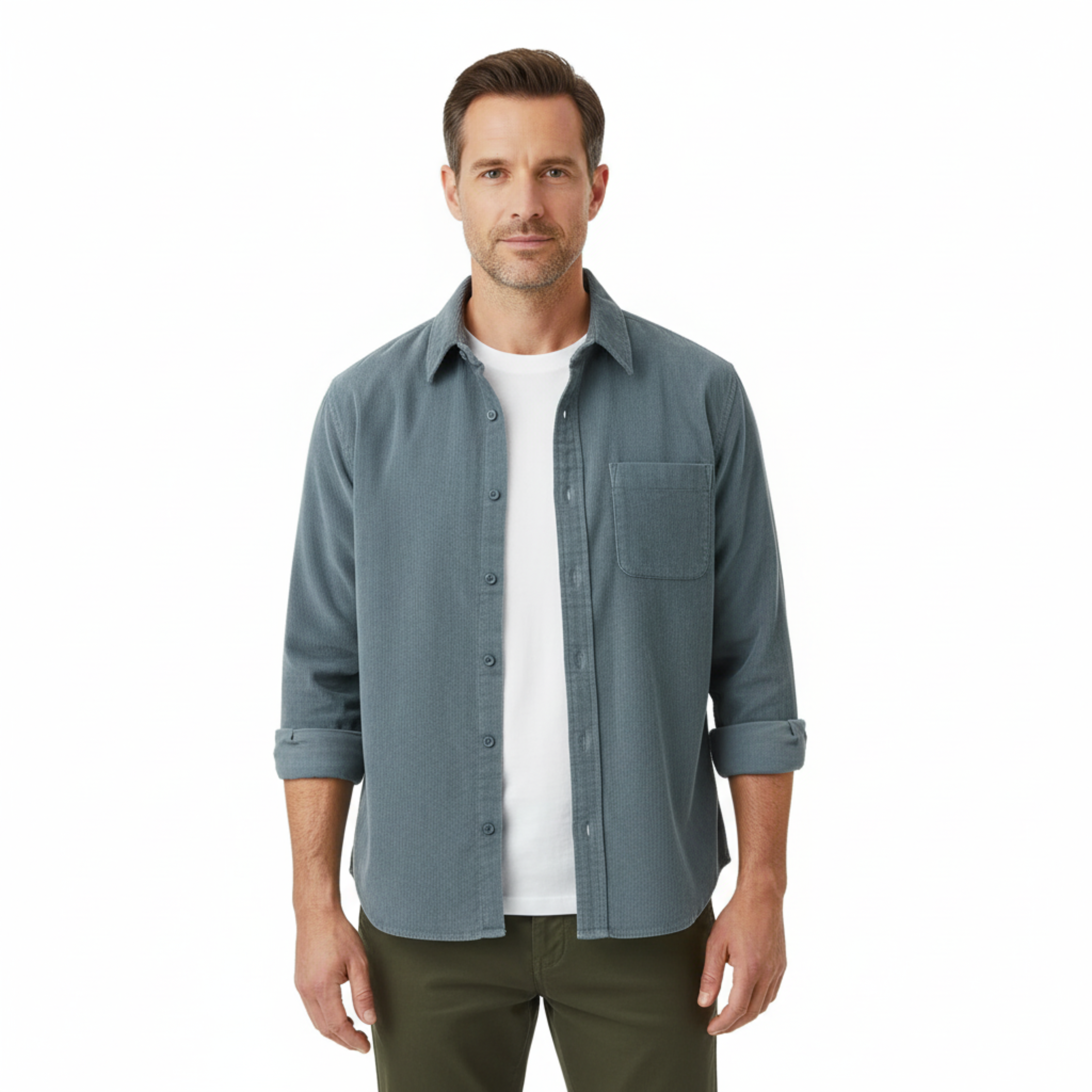 Camisa Retro de Terciopelo Pana de Manga Larga para Hombre con Bolsillo en el Pecho