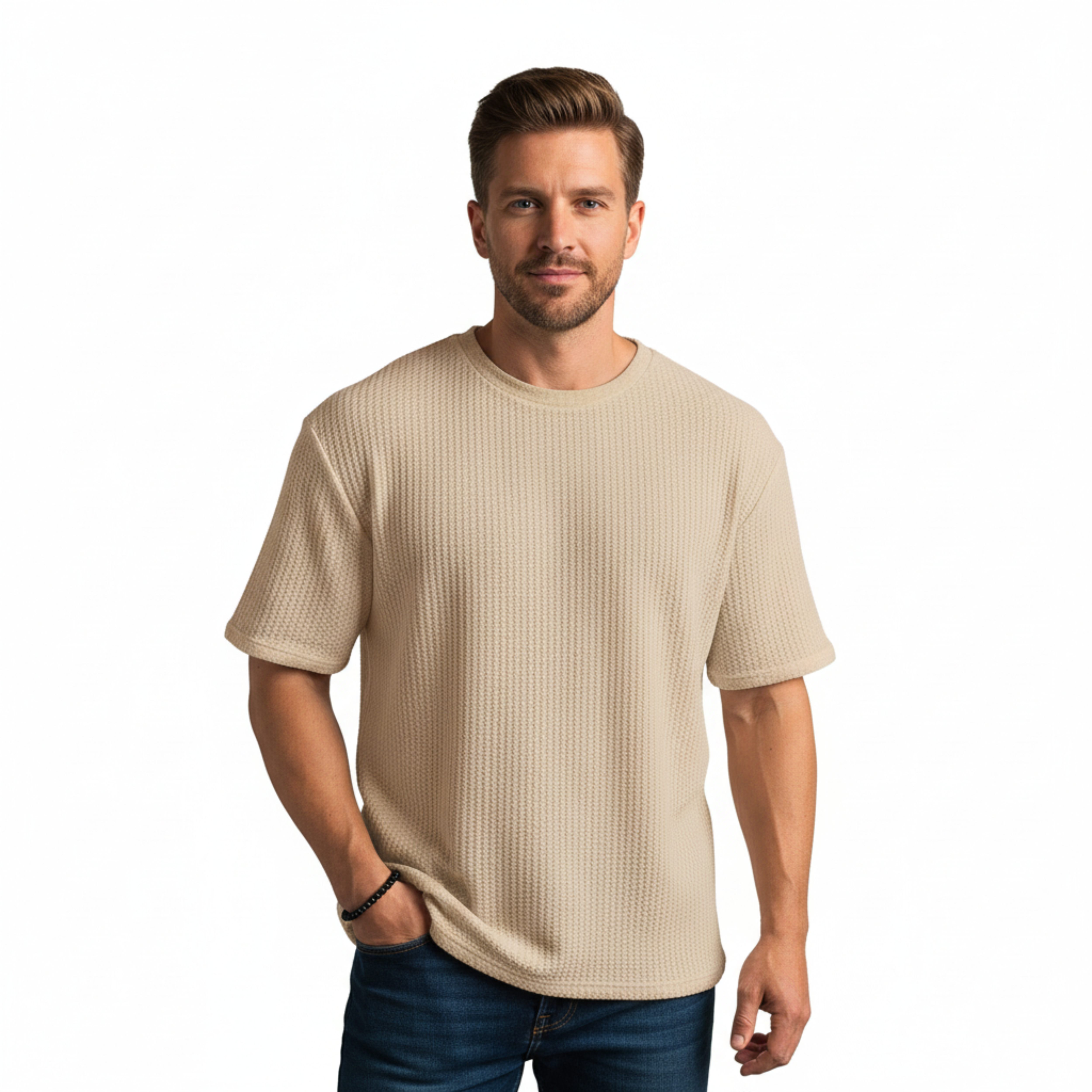 T-shirt Uomo in Maglia Tricot Traspirante con Maniche Corte e Collo Tondo
