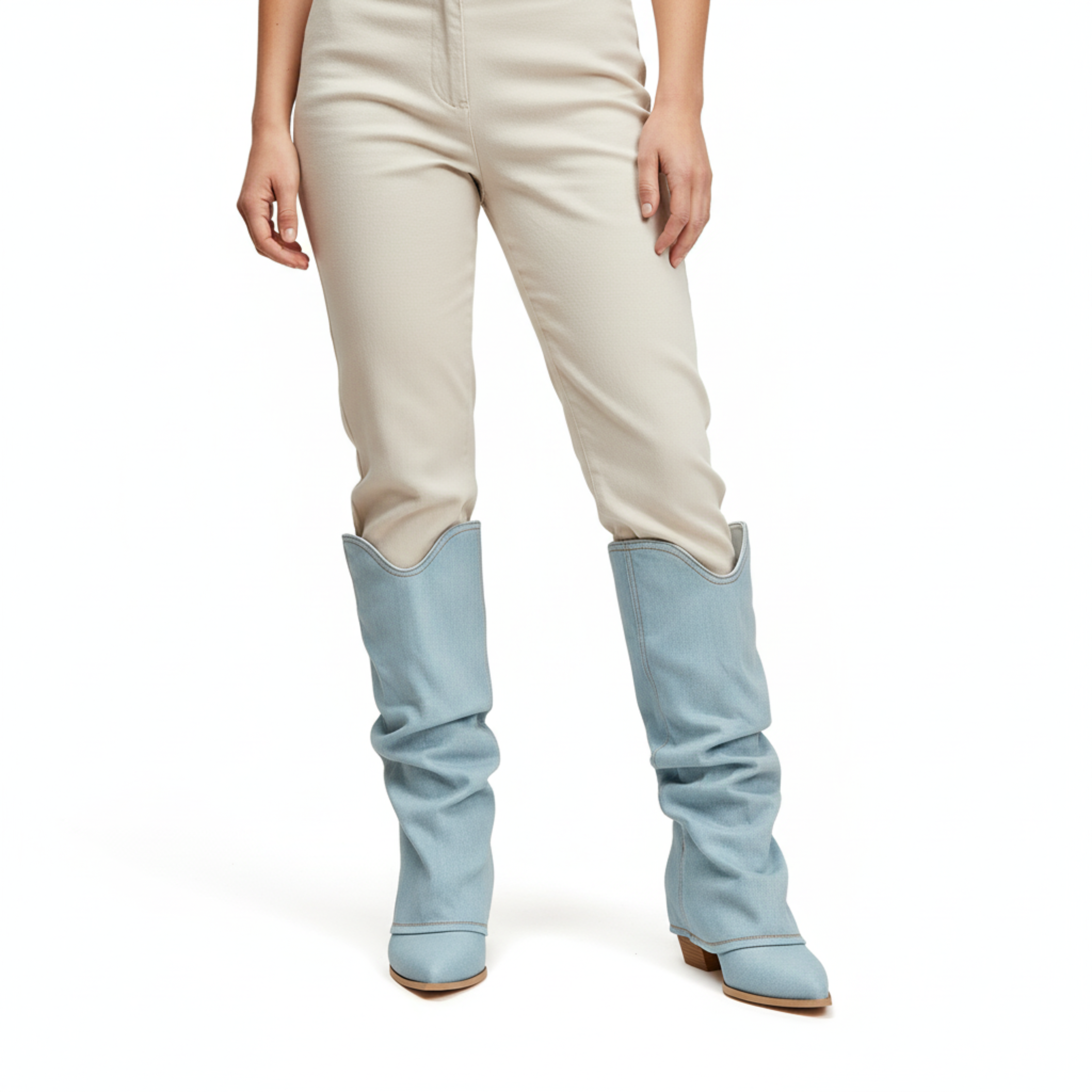 Női magas szárú farmer csizma hegyes orral és négyzetes sarokkal