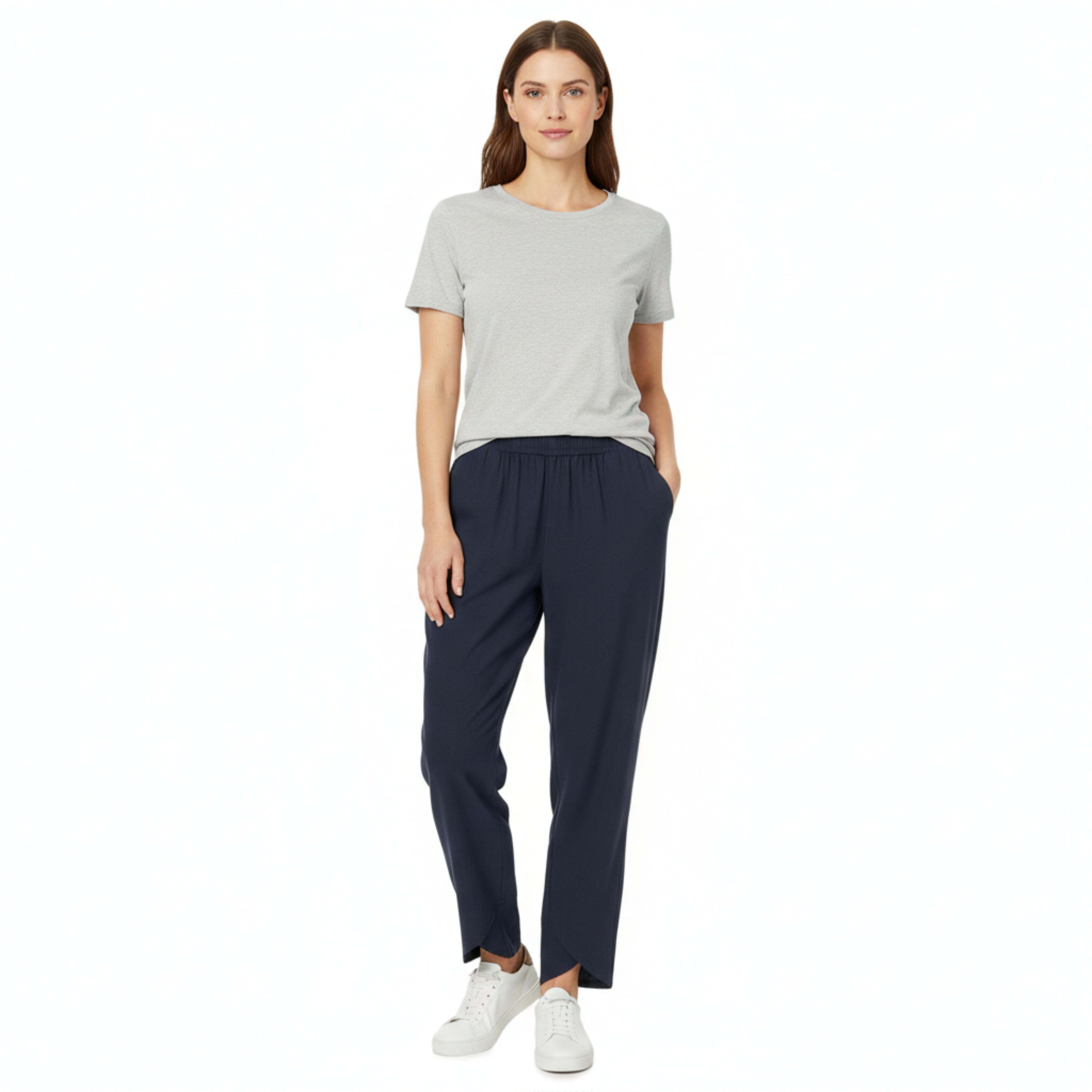 Calças para mulher cintura alta, comprimento até ao tornozelo, pernas largas, em mistura de linho com cintura elástica