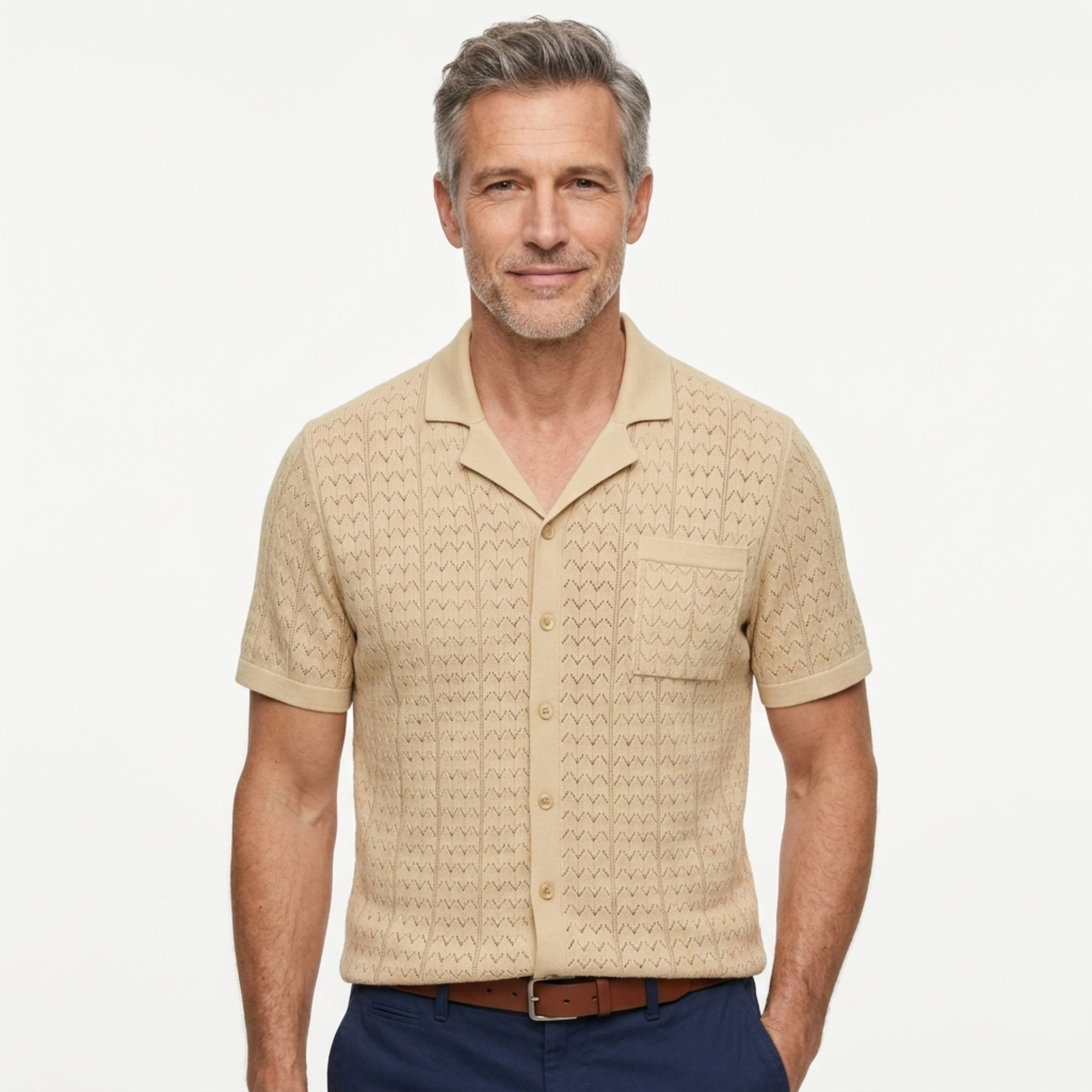 Men's knit polo shirt — jacquard pattern — casual retro style