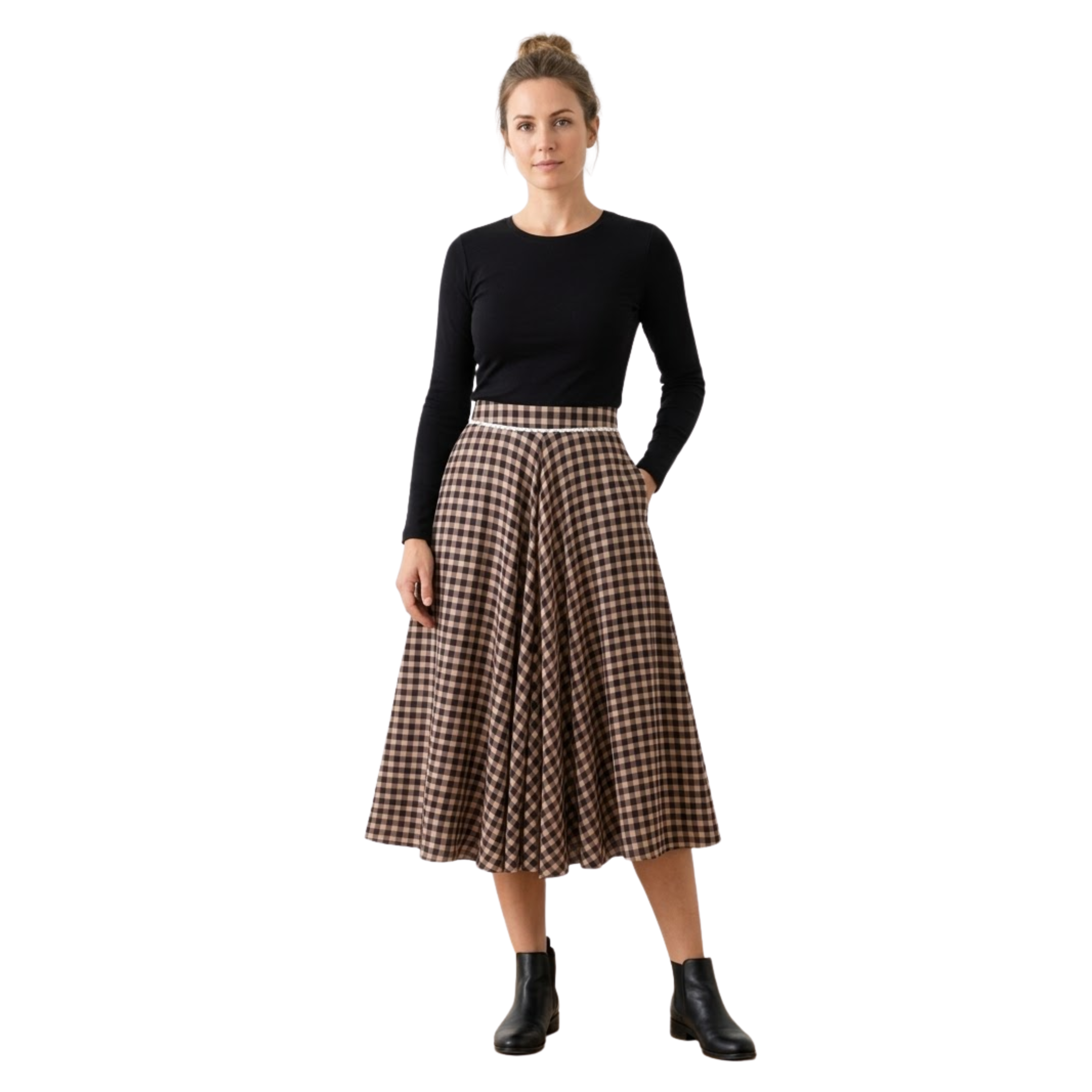 Női hosszú trapézszoknya kockás mintával, magas derékkal és bővülő szabással