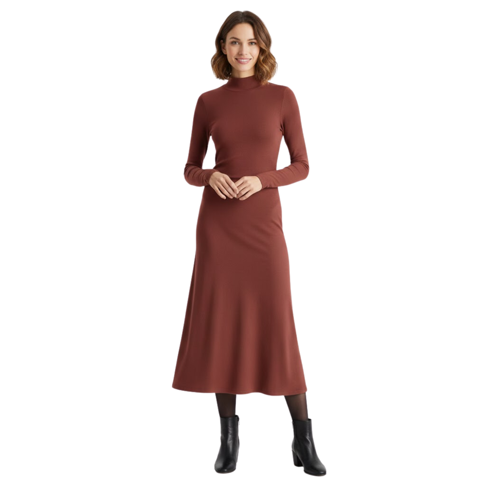 Hosszú, testhez simuló ruha hosszú ujjakkal és magas garbónyakkal