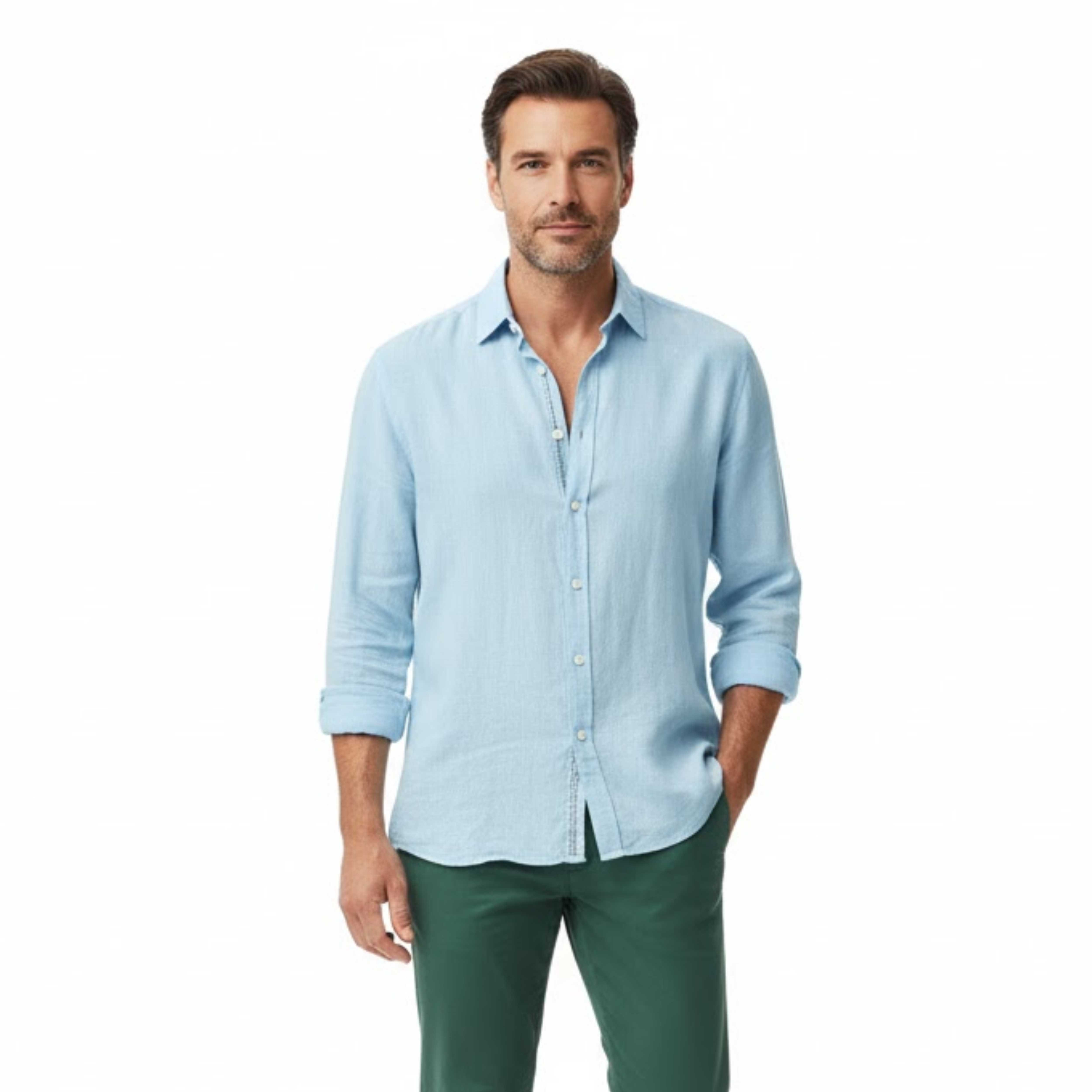 Férfi laza hosszú ujjú ing, bő szabású, egyszínű poplin anyagból, gombos