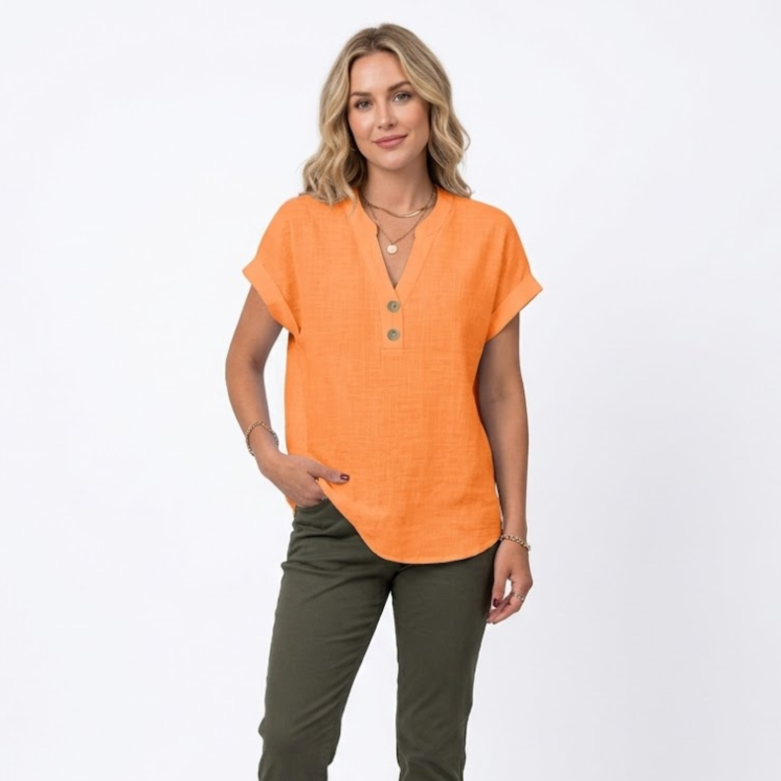 Női rövid ujjú, V-nyakú pamut-len blúz