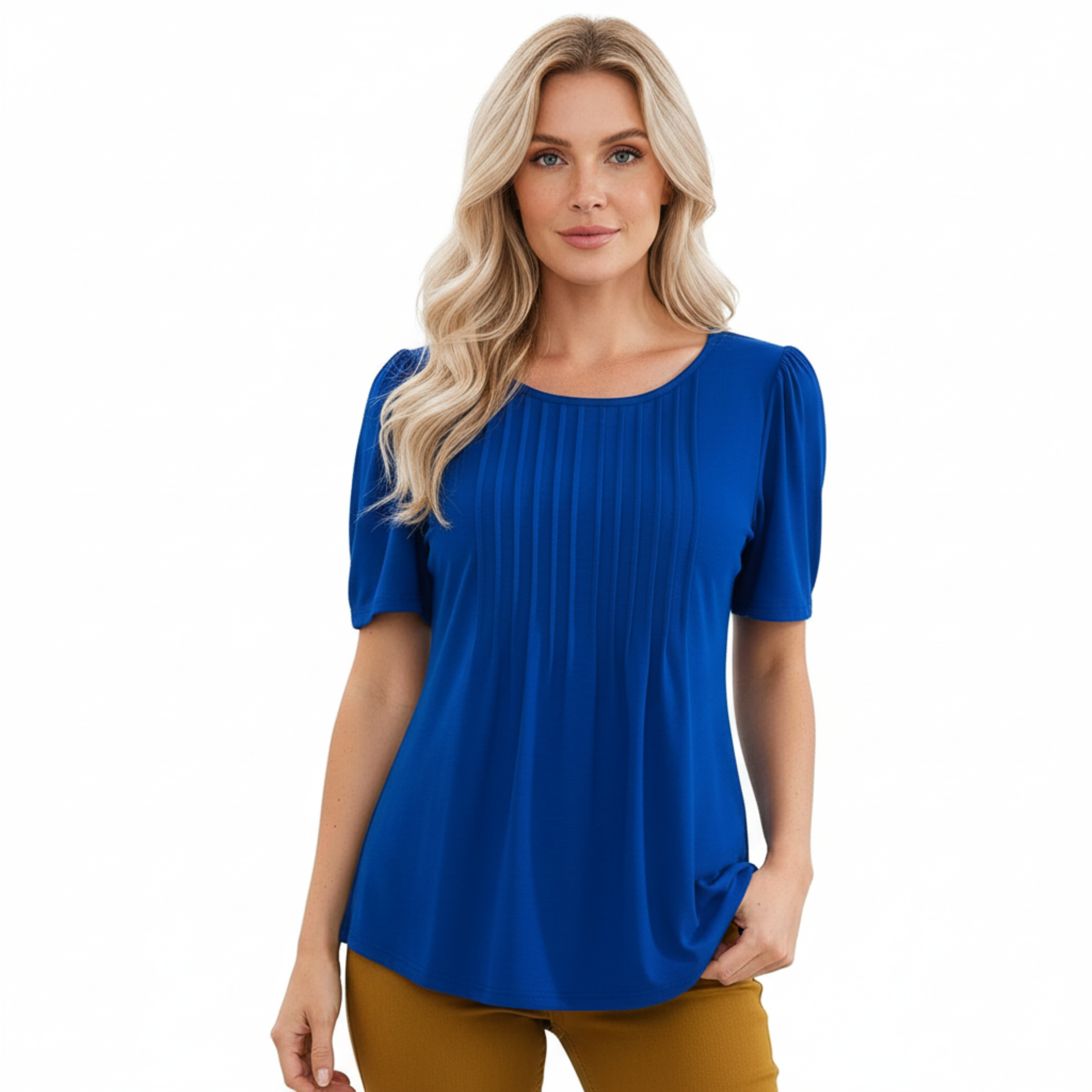 Női rövid ujjú póló kerek, bővülő nyakkal és pliszírozott részletekkel