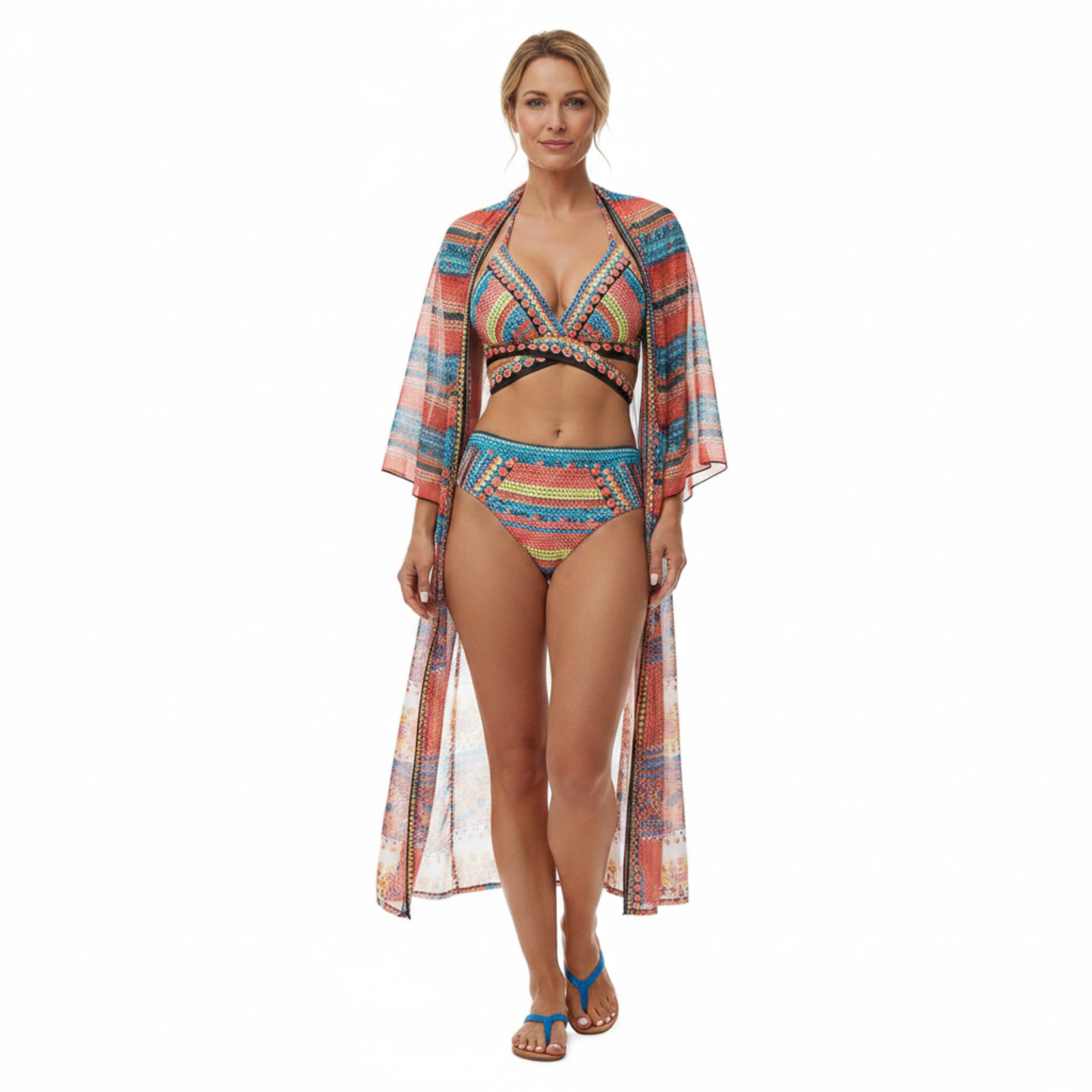 Conjunto de Banho 3 Peças com Cueca de Cintura Alta e Kimono Beach Cover Up