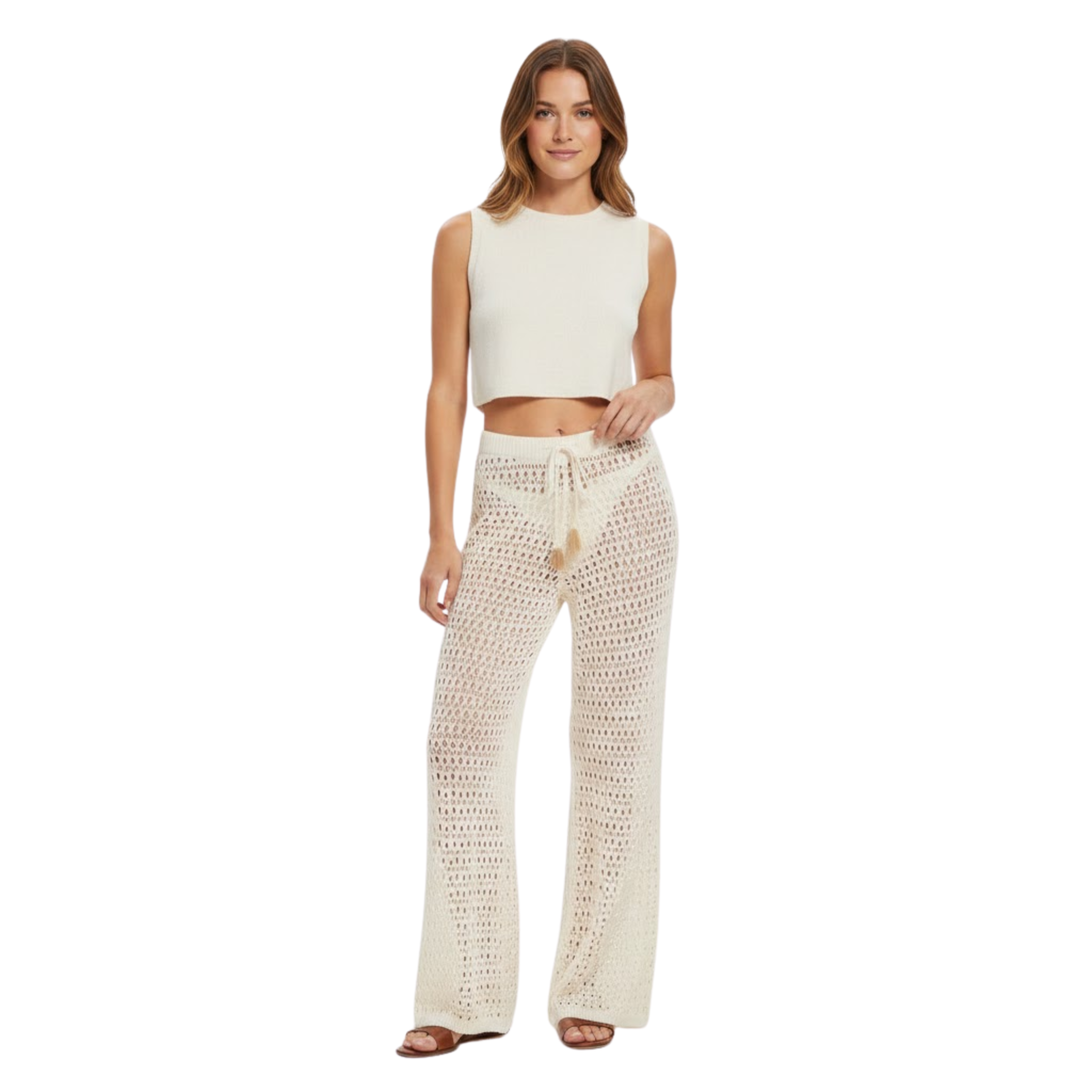 Pantalón de Playa de Punto Crochet para Mujeres con Cintura Elástica