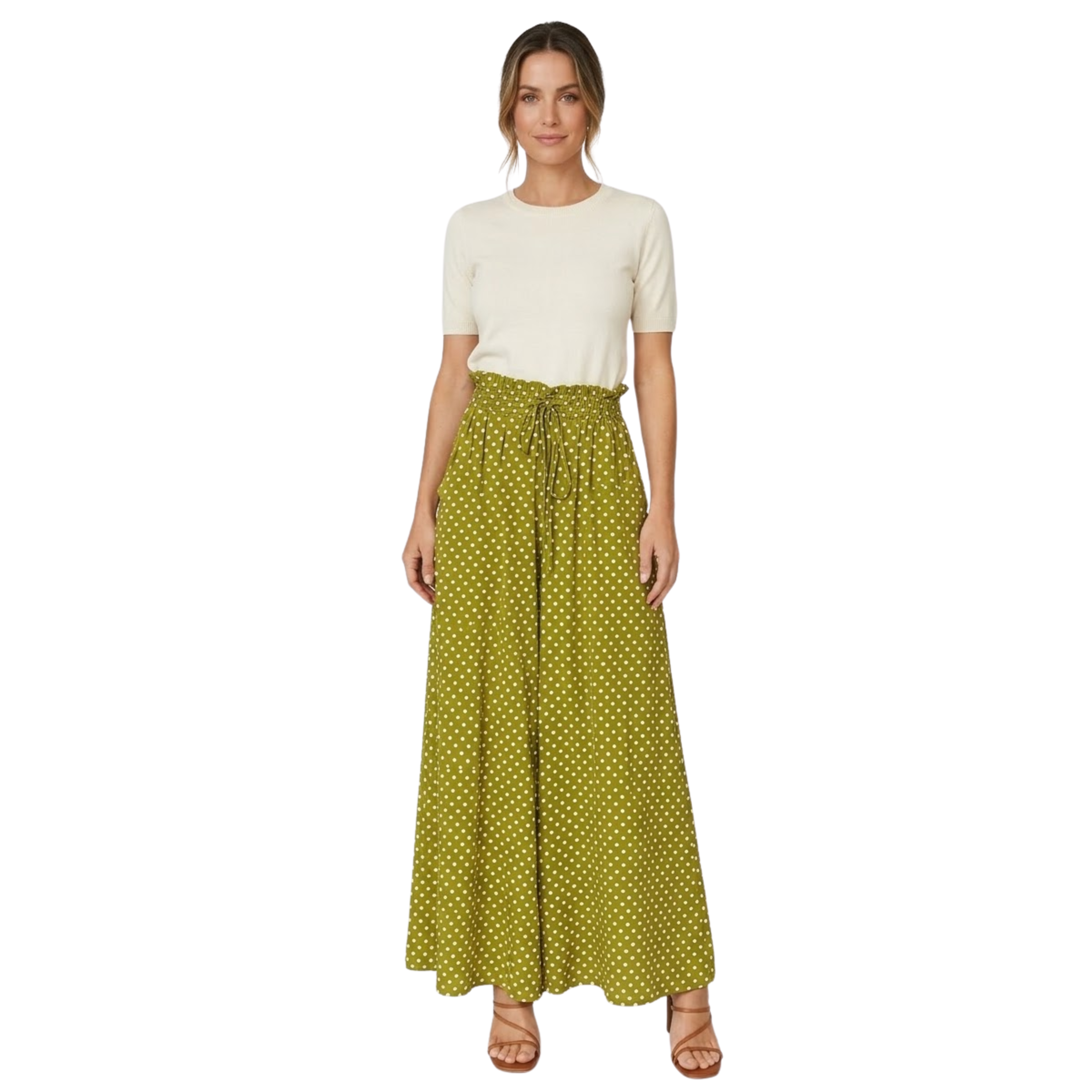 Calças largas com bolinhas para mulher com cintura elástica e cordão de aperto