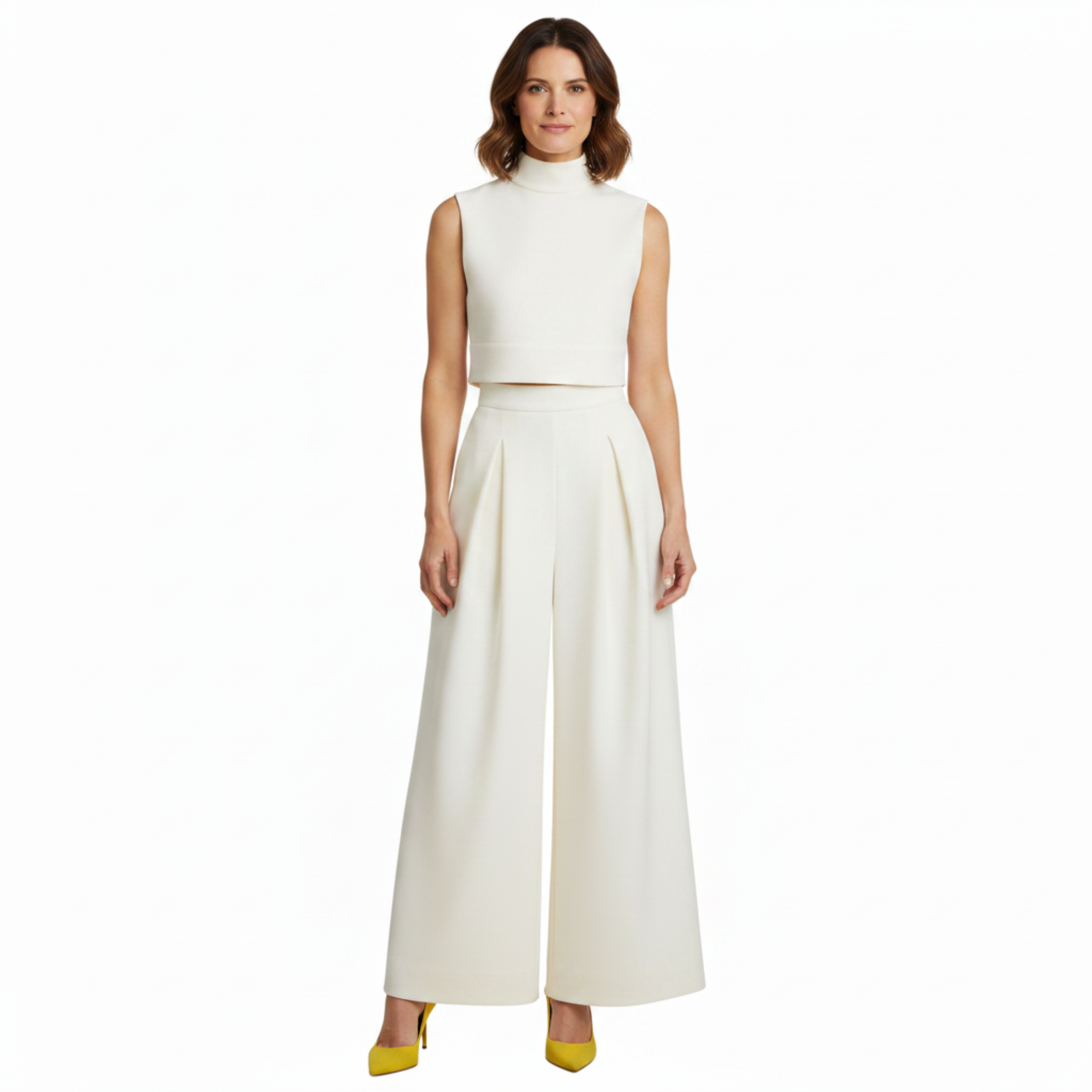 Set of Cropped High-Neck Top and Wide Pleated Pants for Women