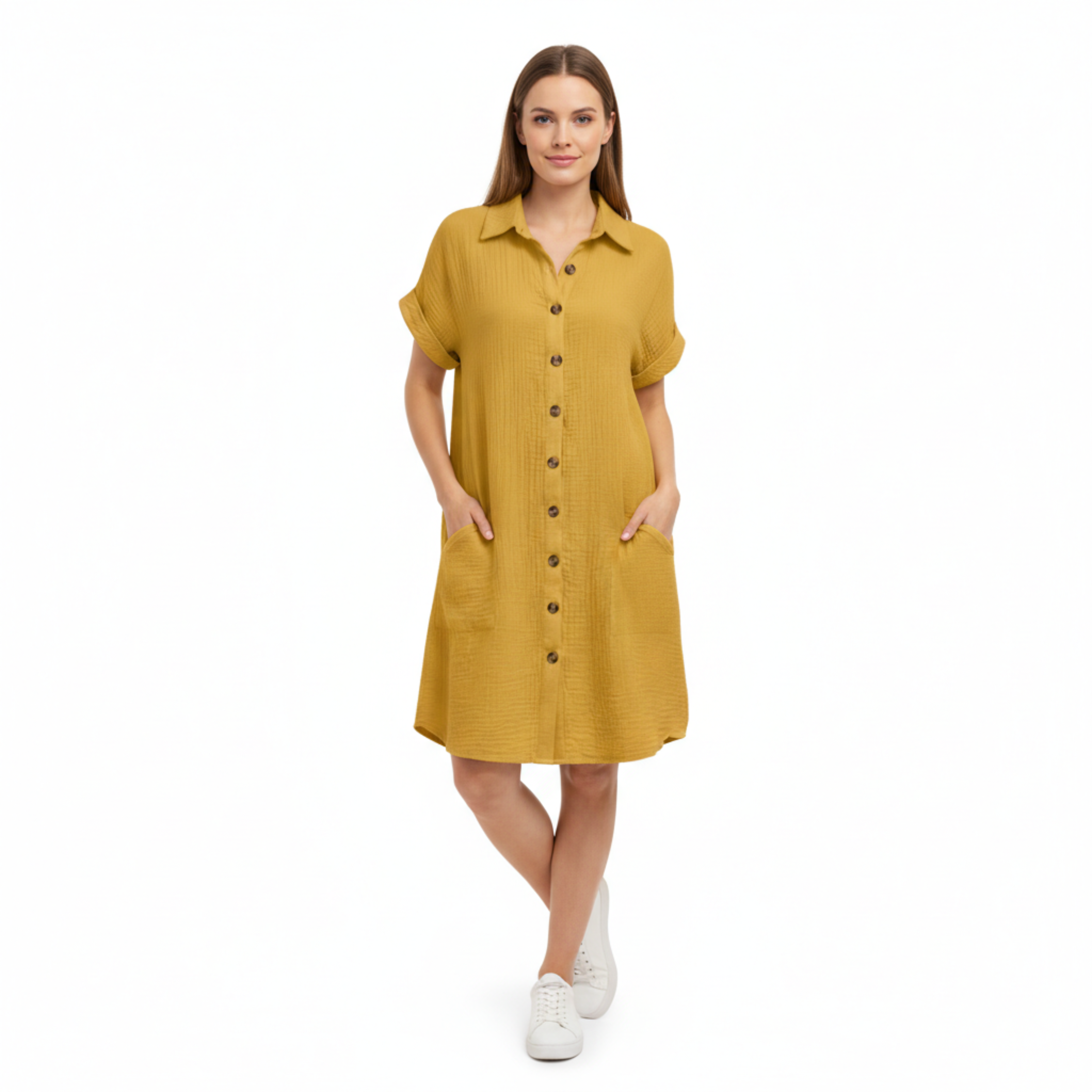 Női jersey ruha, bő szabású, térd hosszúságú, V-nyakú, funkcionális zsebekkel