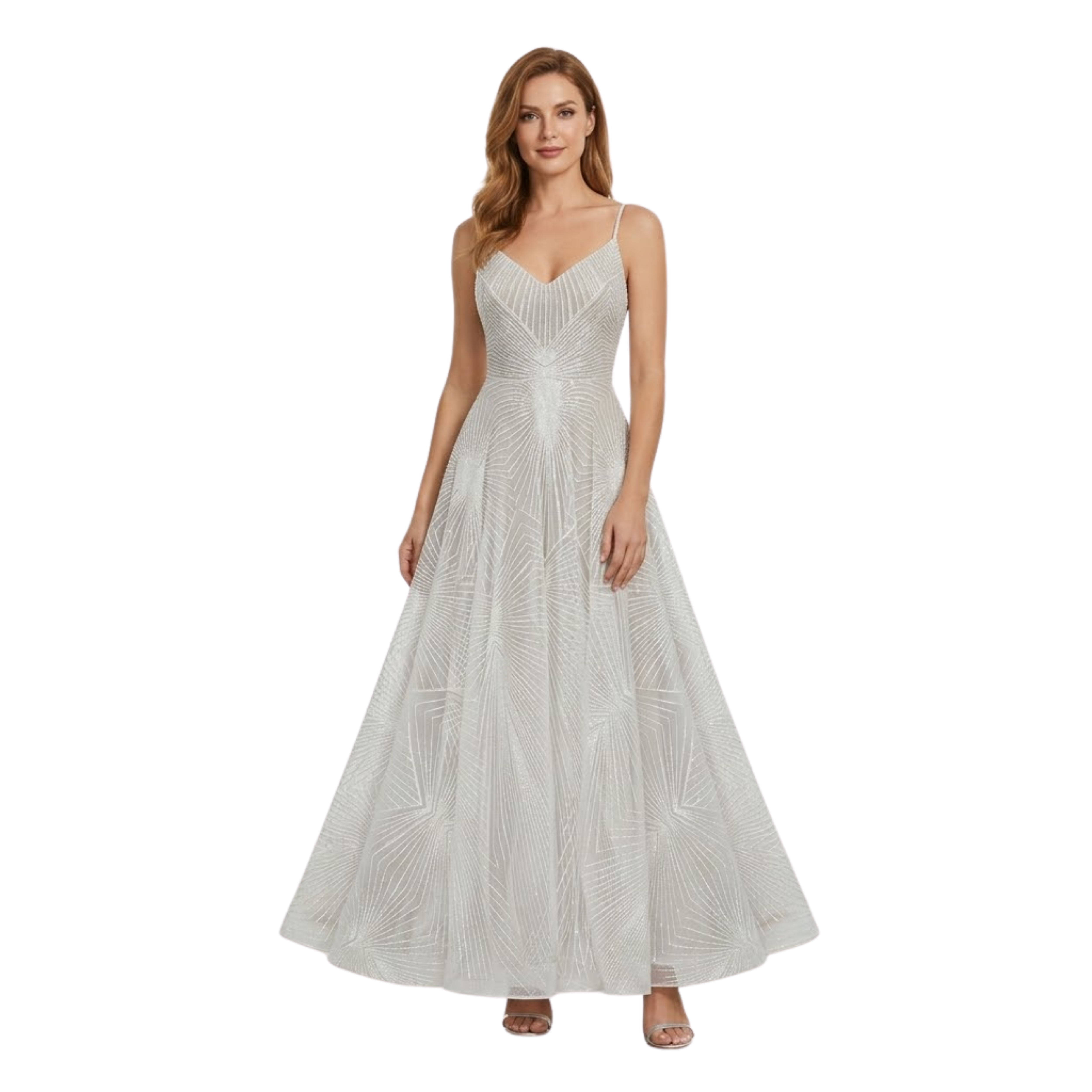 Robe de Soirée Évasée à Paillettes avec Col en V et Fines Bretelles