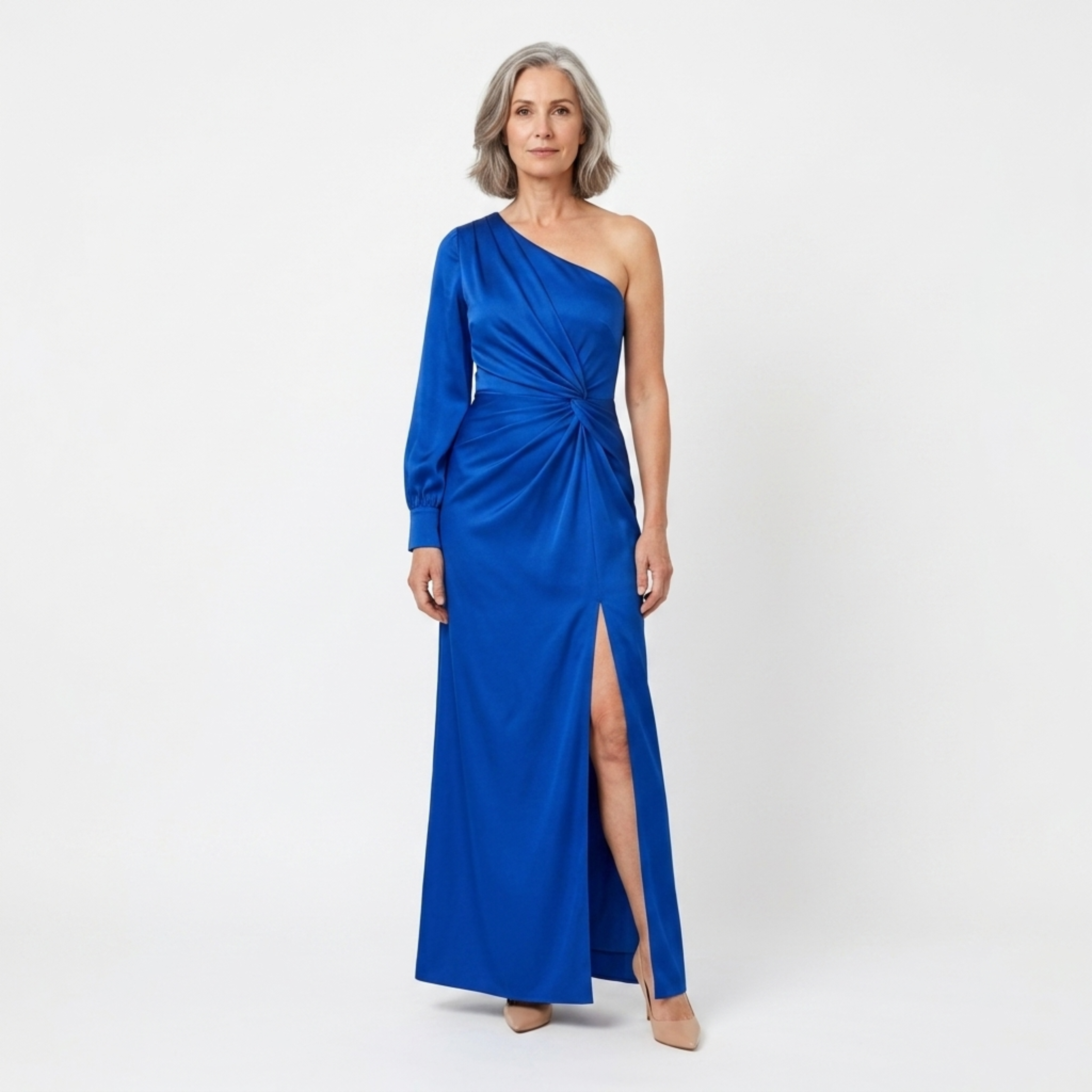 Rochie lungă de damă — satin asimetric cu umăr gol | seară de nuntă