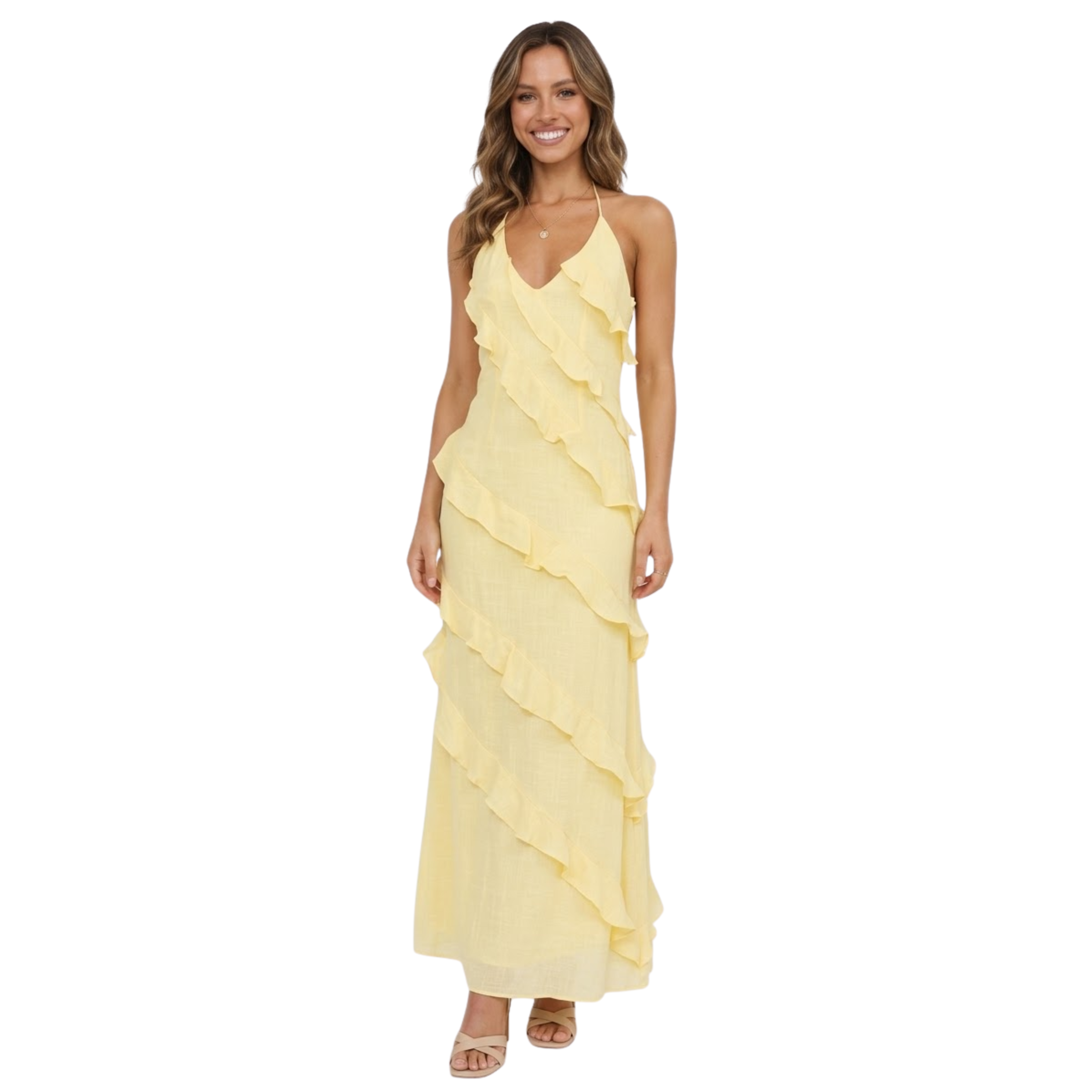 Hosszú fodros ruha V-nyakkal és spagettipántokkal, poliészterből