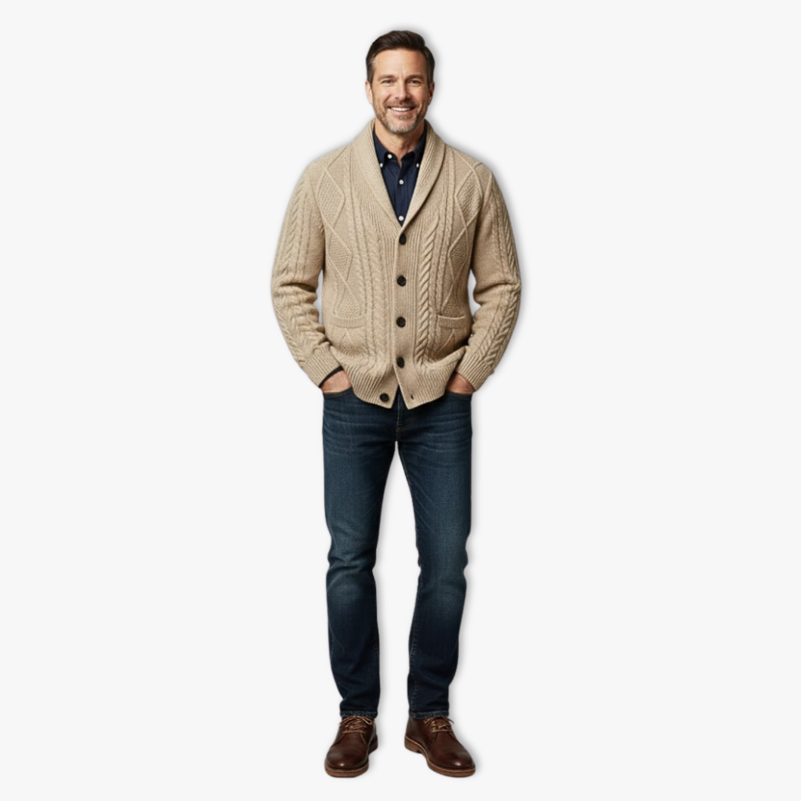 Chaleco de hombre de punto trenzado con cuello alto y cierre de botones