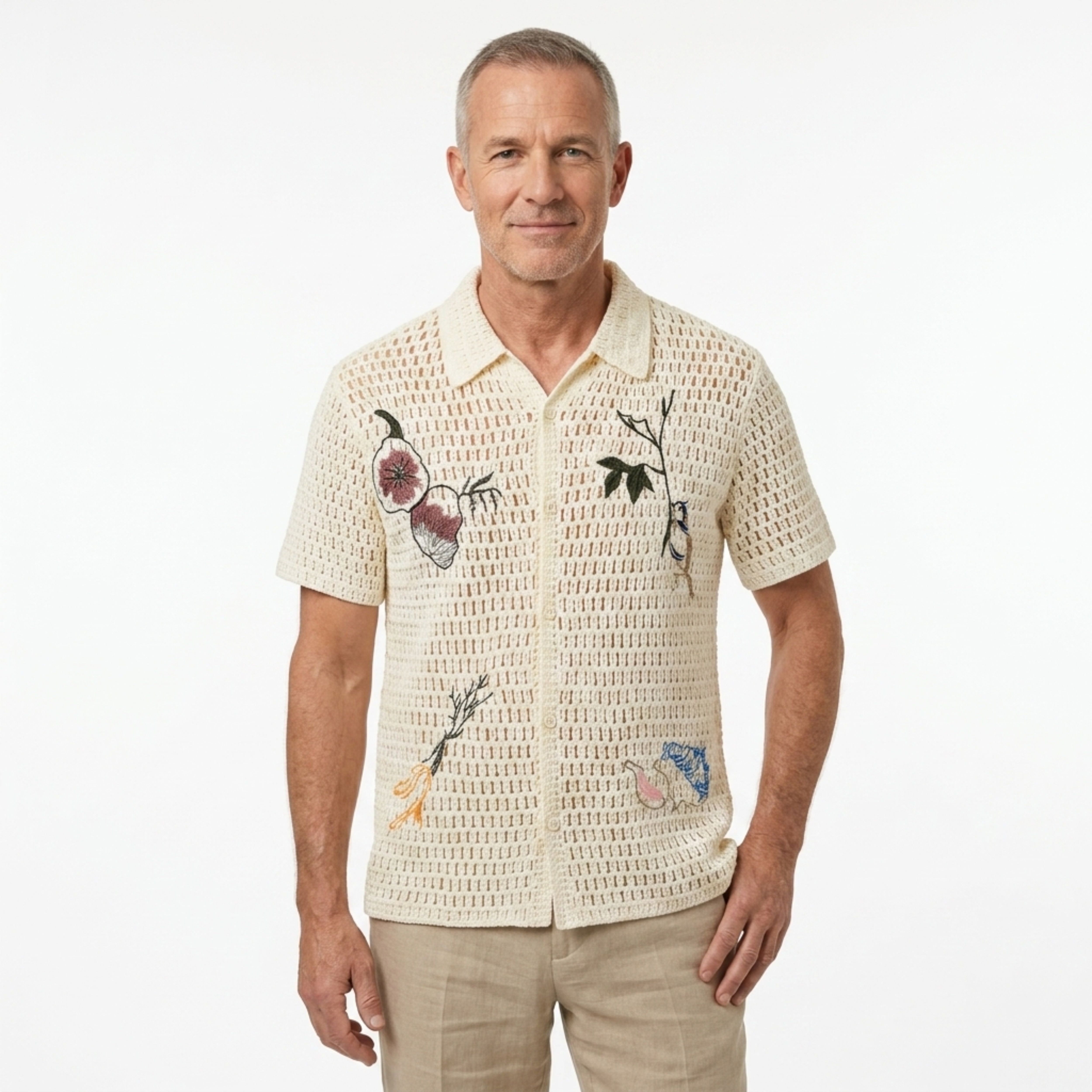Men's crocheted polo — botanical embroidery — summer resort style