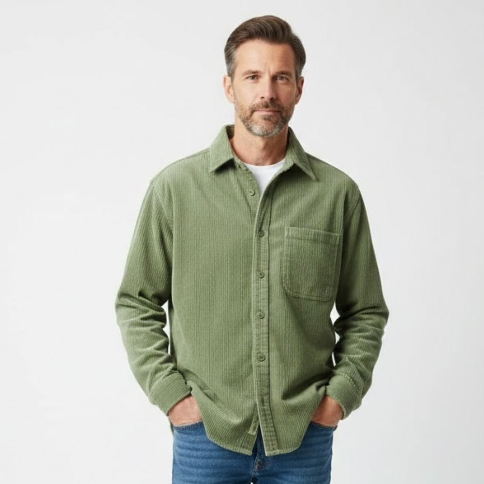 Férfi bordázott bársony ing hajtókás gallérral és mellzsebbel