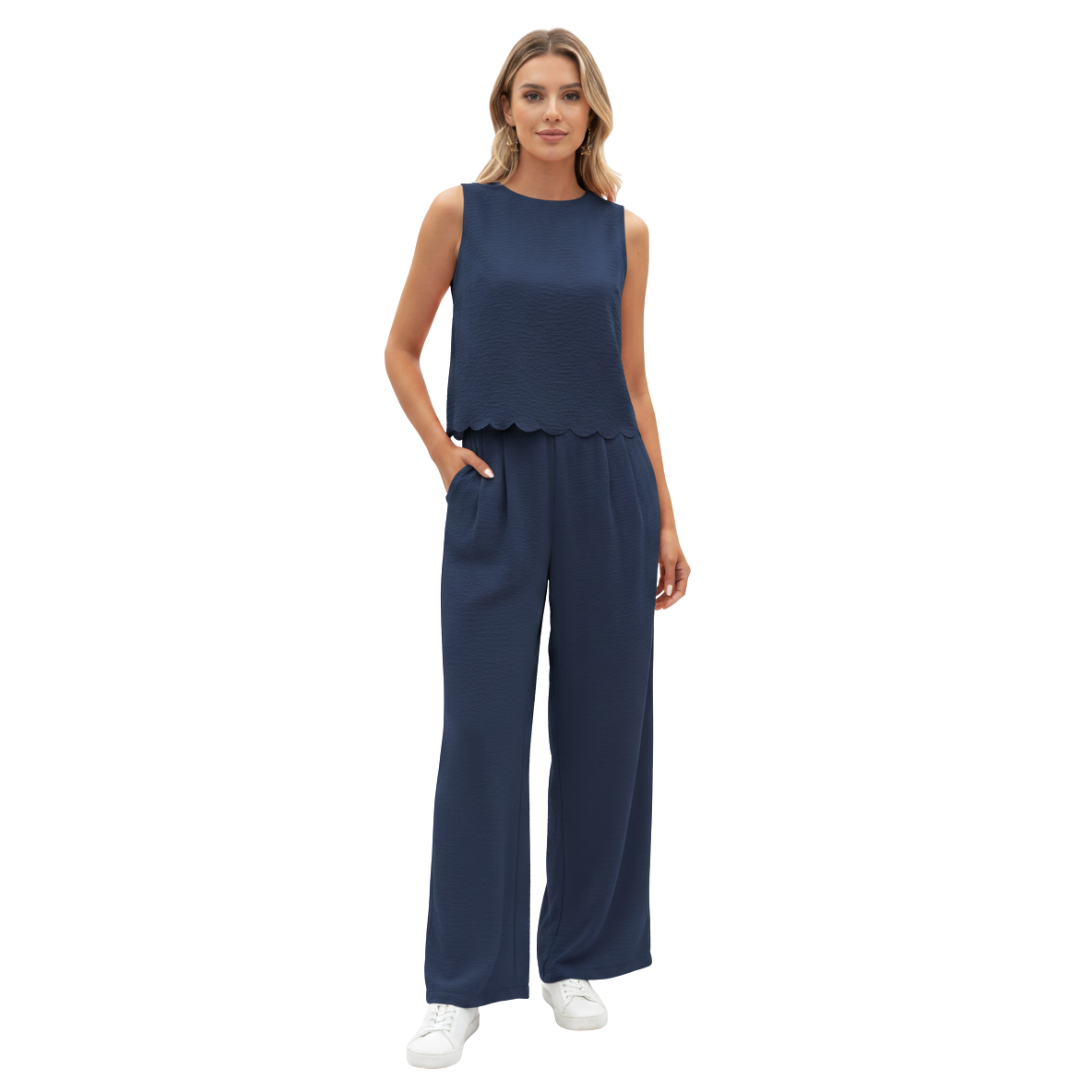 Női kétdarabos szett: ujjatlan top kagyló szegéllyel és bőszárú bokahosszú nadrág