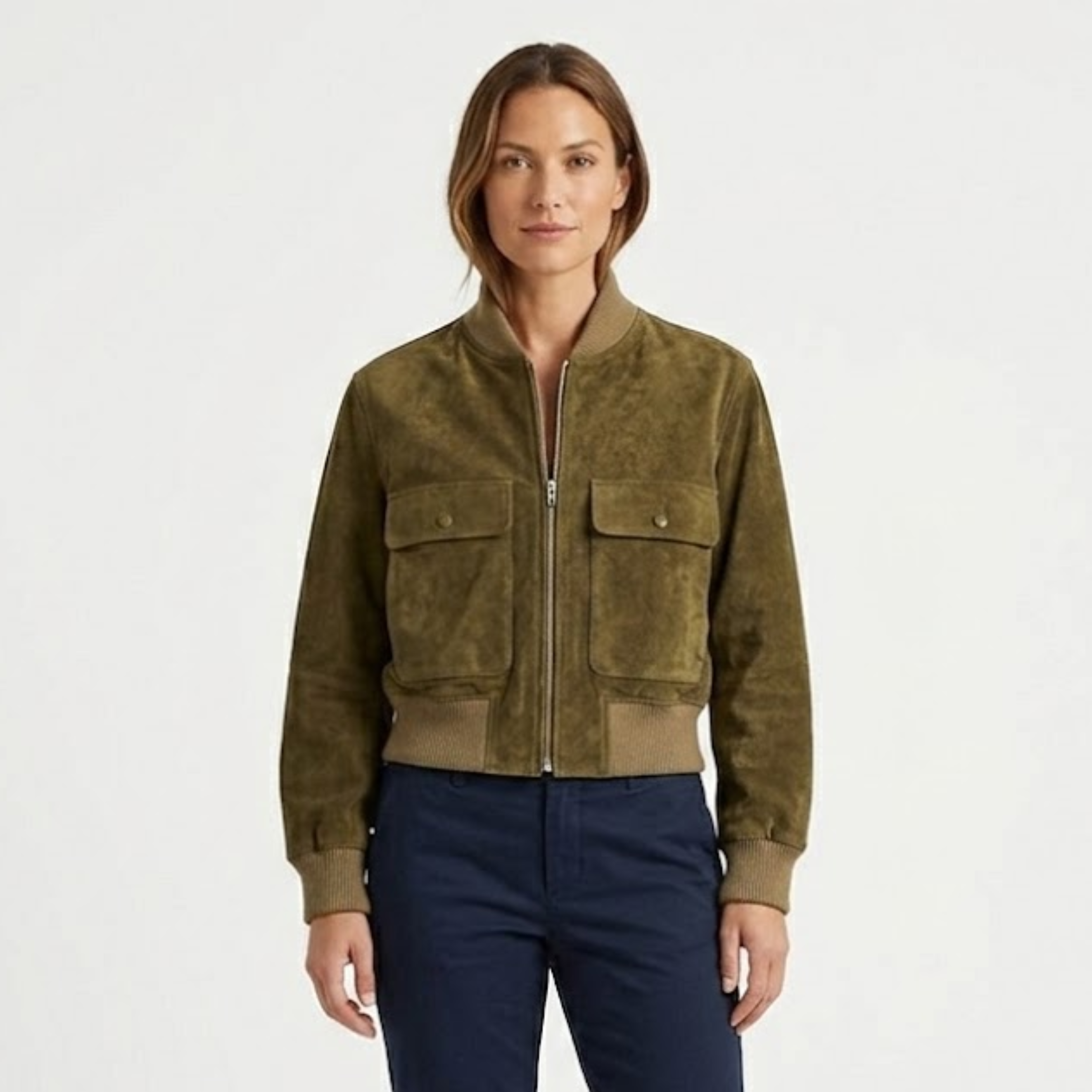 Veste Bomber Courte en Polyester à Col Montant avec Fermeture Éclair pour Femme