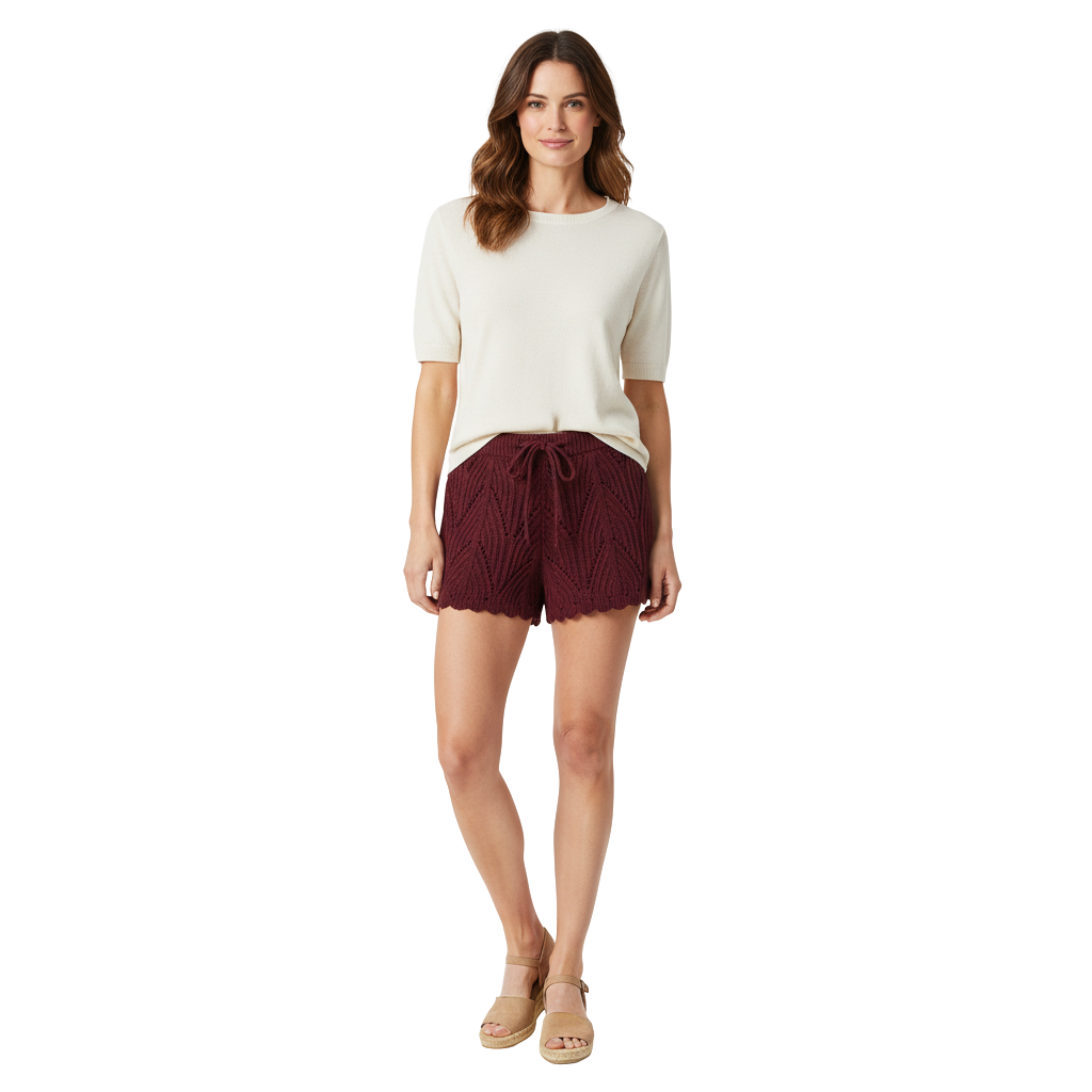Shorts da spiaggia per donna in crochet lavorato a maglia con coulisse e motivo geometrico traforato