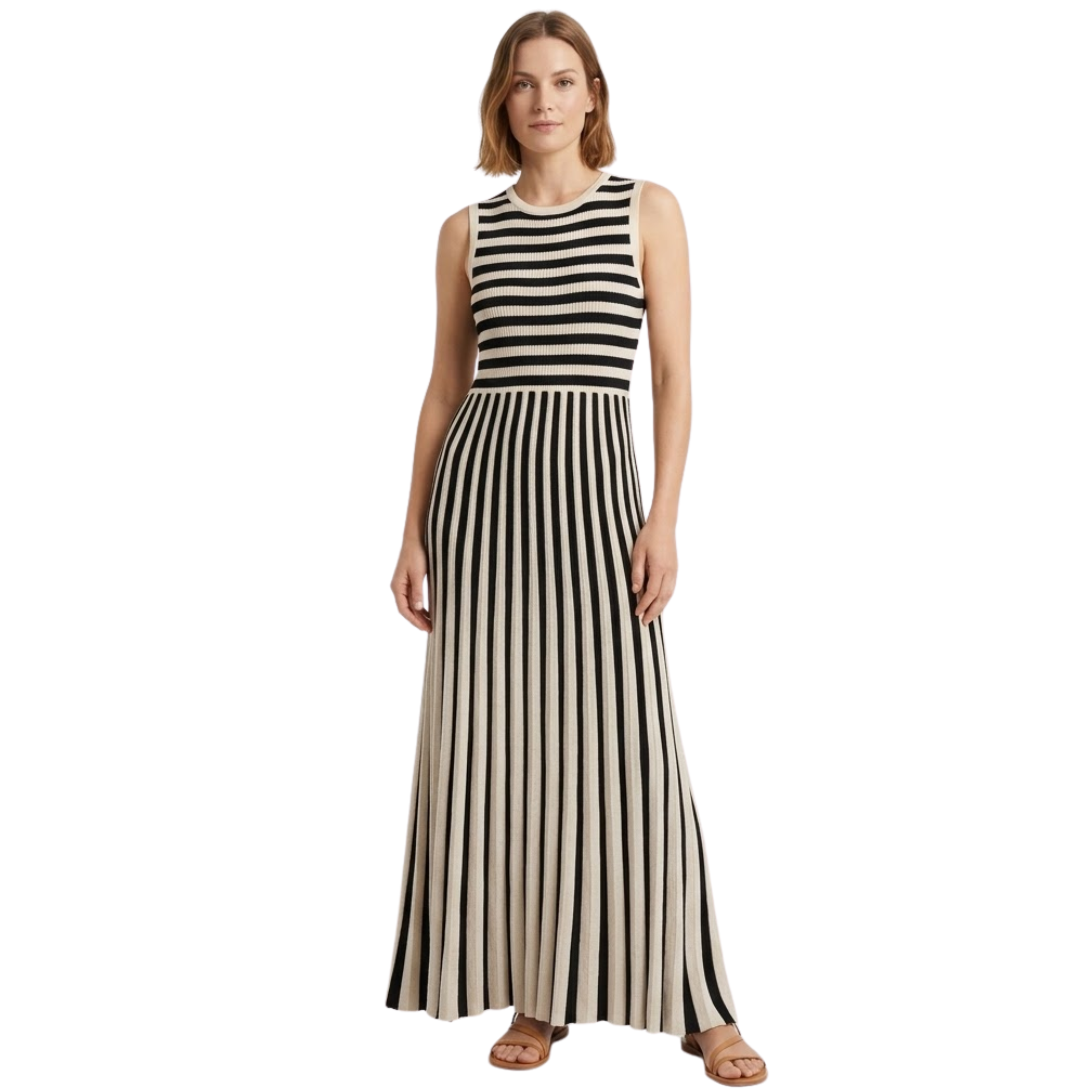 Női ujjatlan hosszú csíkos kötött ruha kerek nyakkal