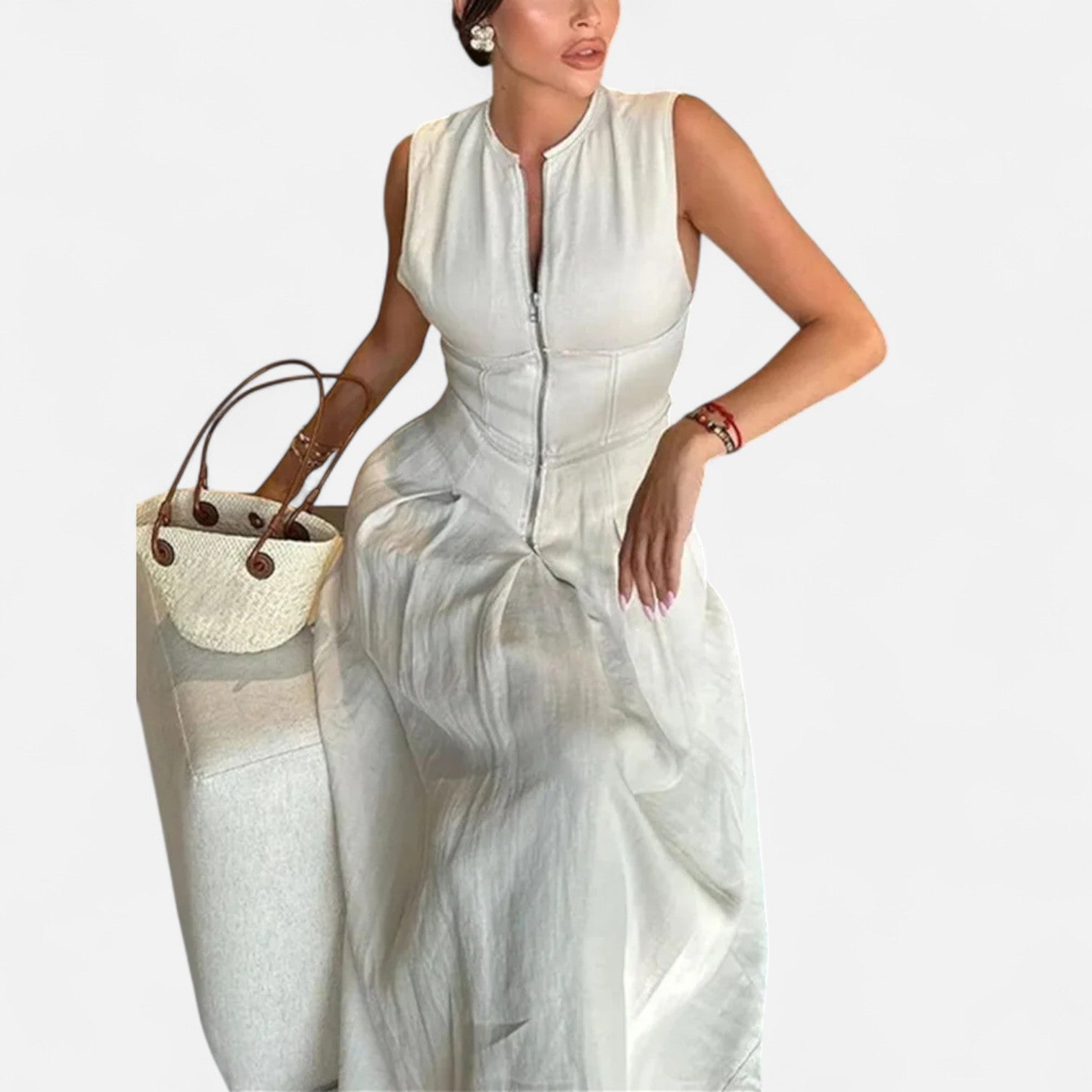 Ancienne Monde | Robe Midi Plissée Cintrée pour Femme – Élégance d’Été Sans Manches avec Fermeture Zippée