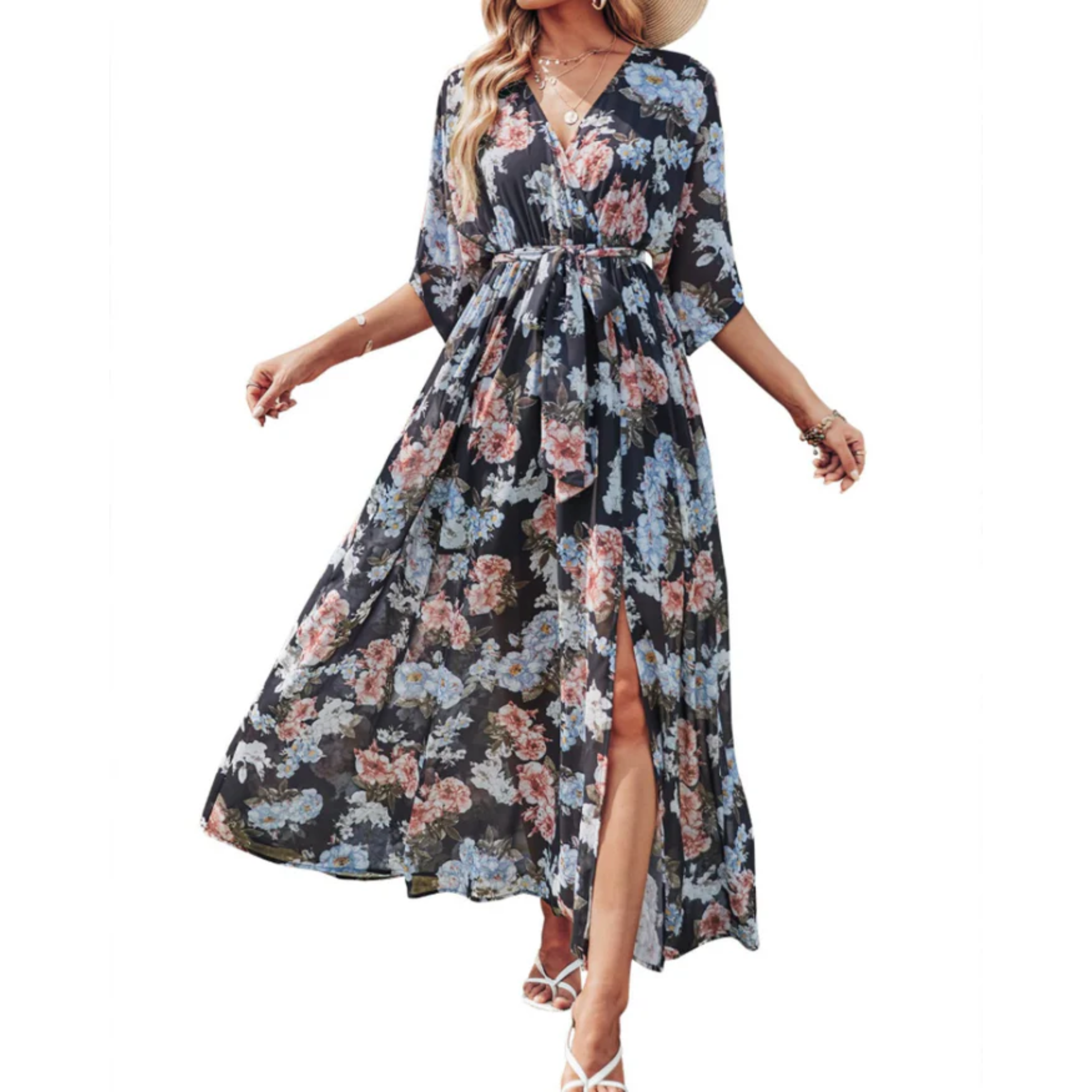Maxi kimono kjole med blomster — boheme stil — sommerferie