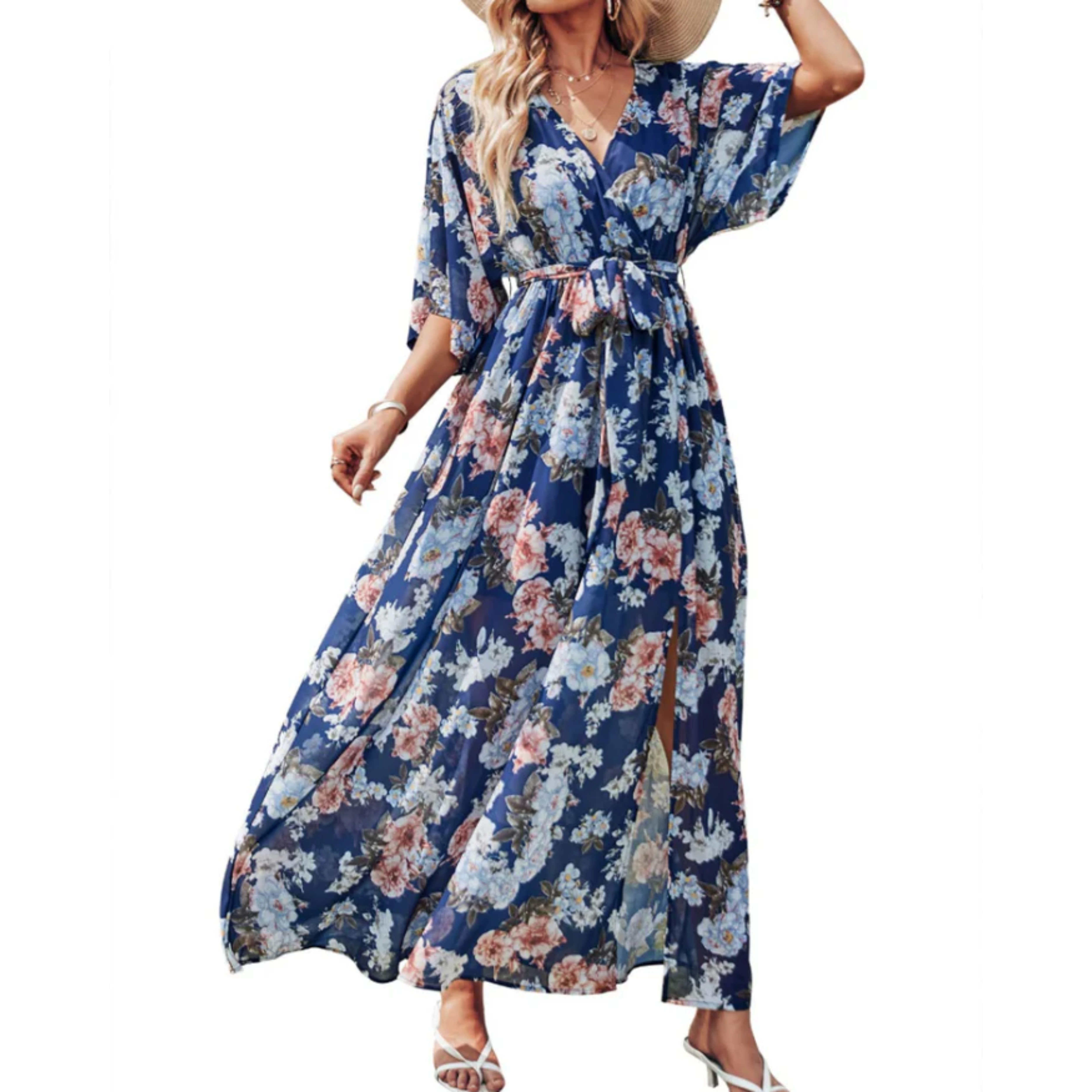 Maxi kimono kjole med blomster — boheme stil — sommerferie