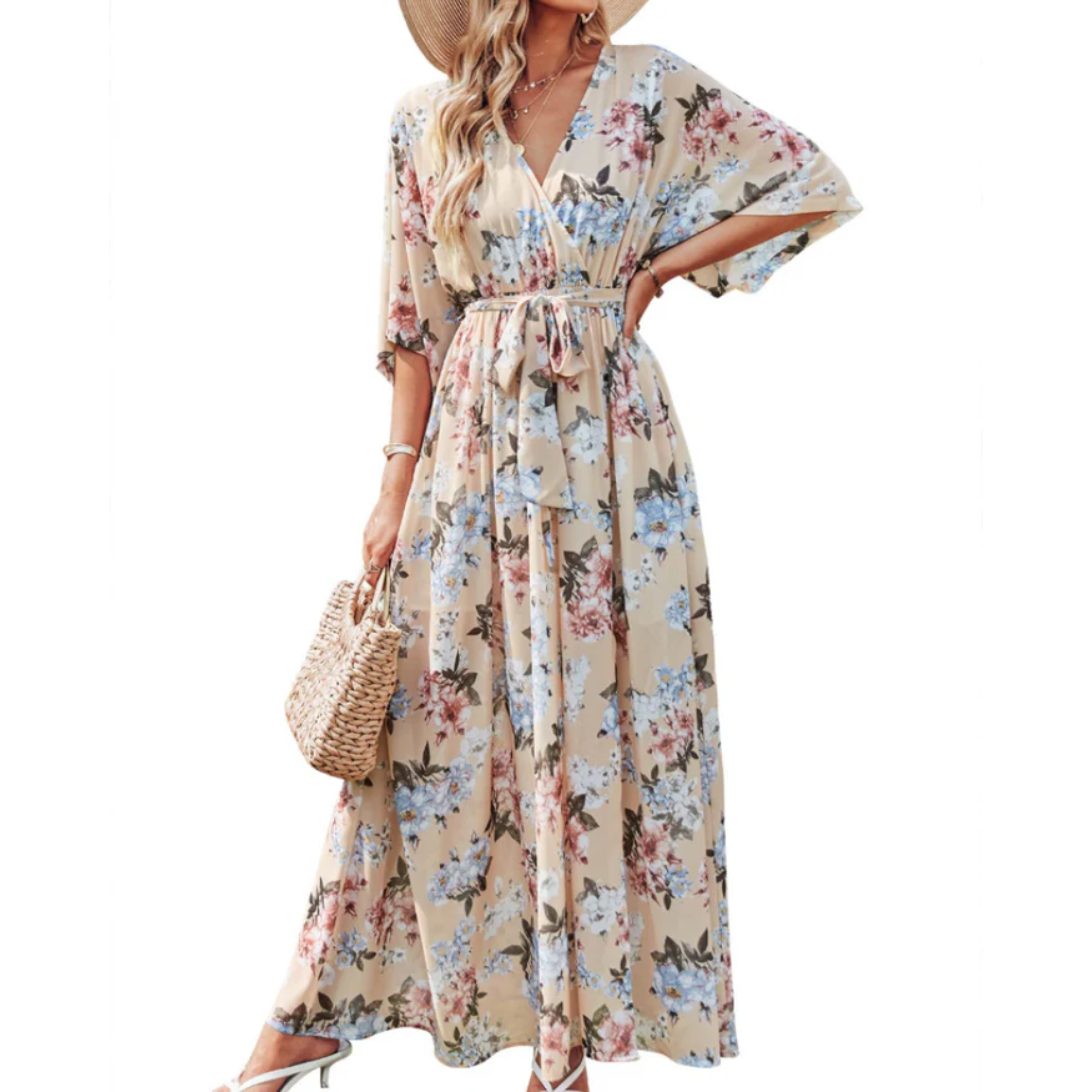 Maxi kimono kjole med blomster — boheme stil — sommerferie